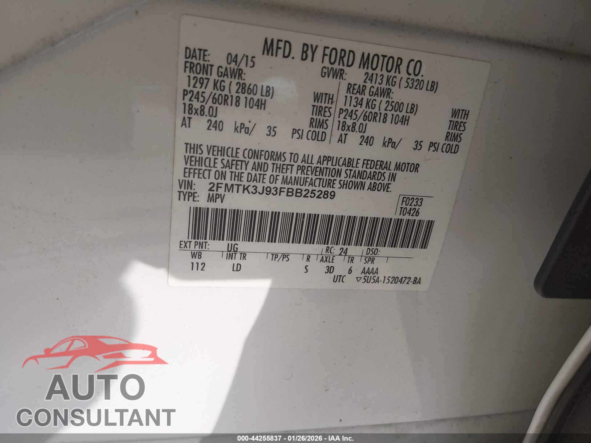 FORD EDGE 2015 - 2FMTK3J93FBB25289