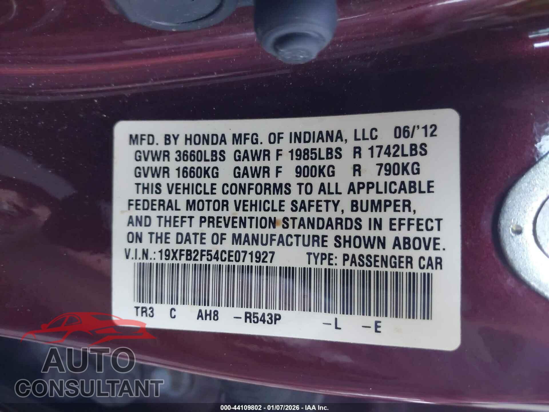 HONDA CIVIC 2012 - 19XFB2F54CE071927