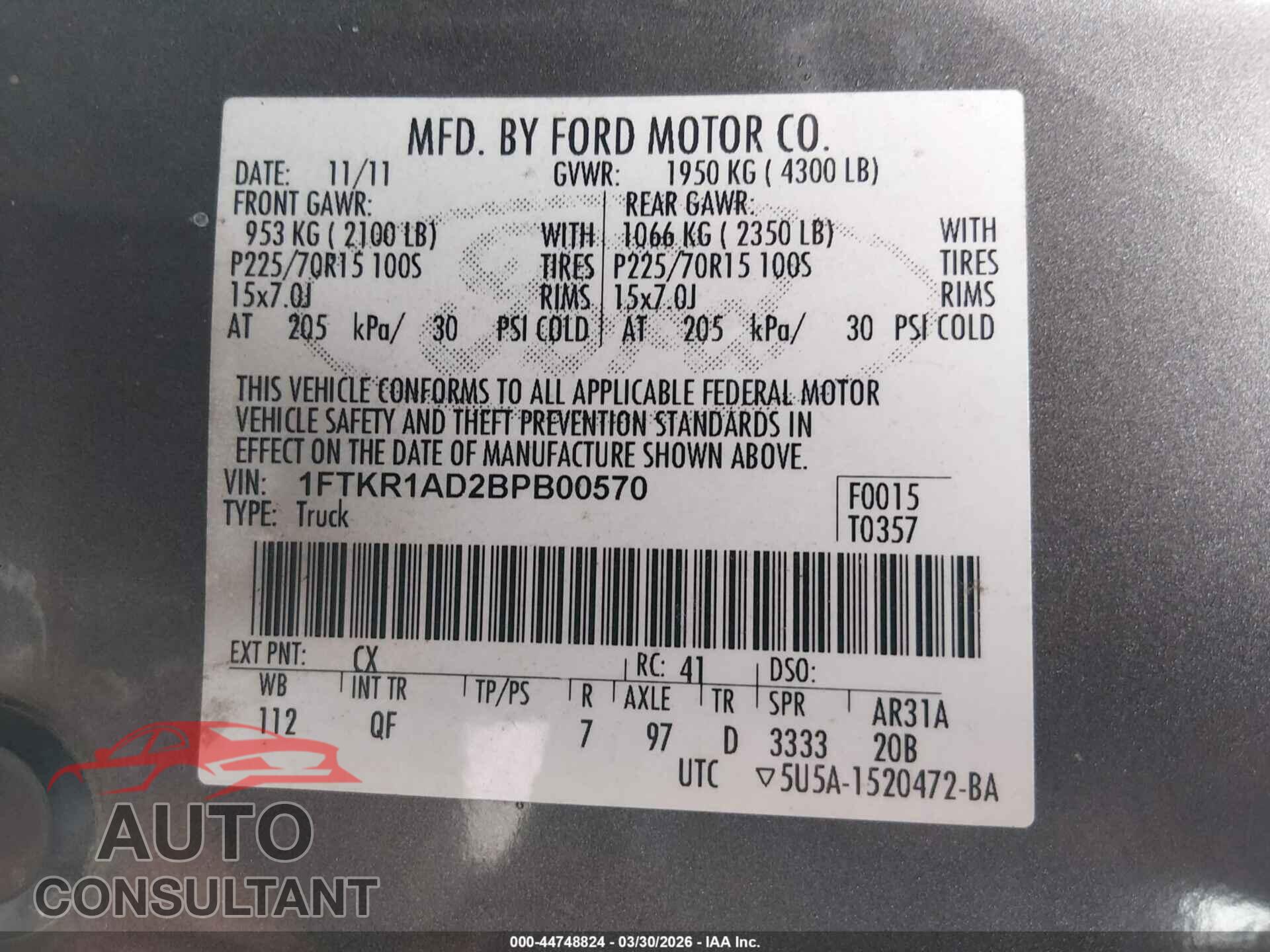 FORD RANGER 2011 - 1FTKR1AD2BPB00570