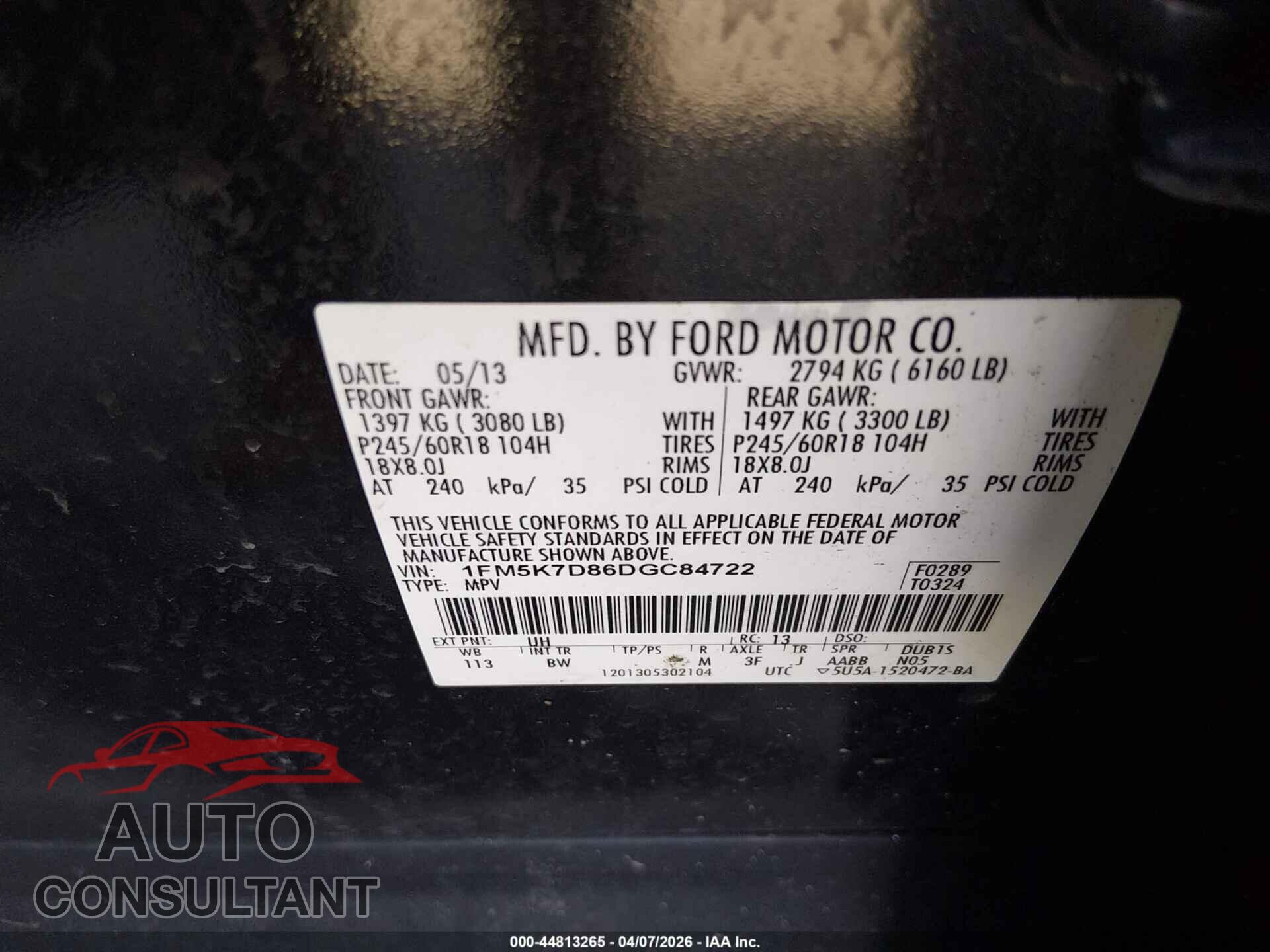FORD EXPLORER 2013 - 1FM5K7D86DGC84722