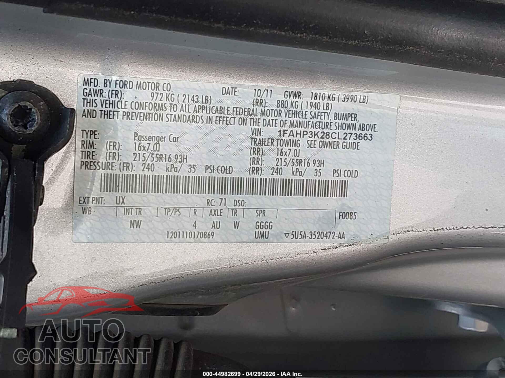 FORD FOCUS 2012 - 1FAHP3K28CL273663