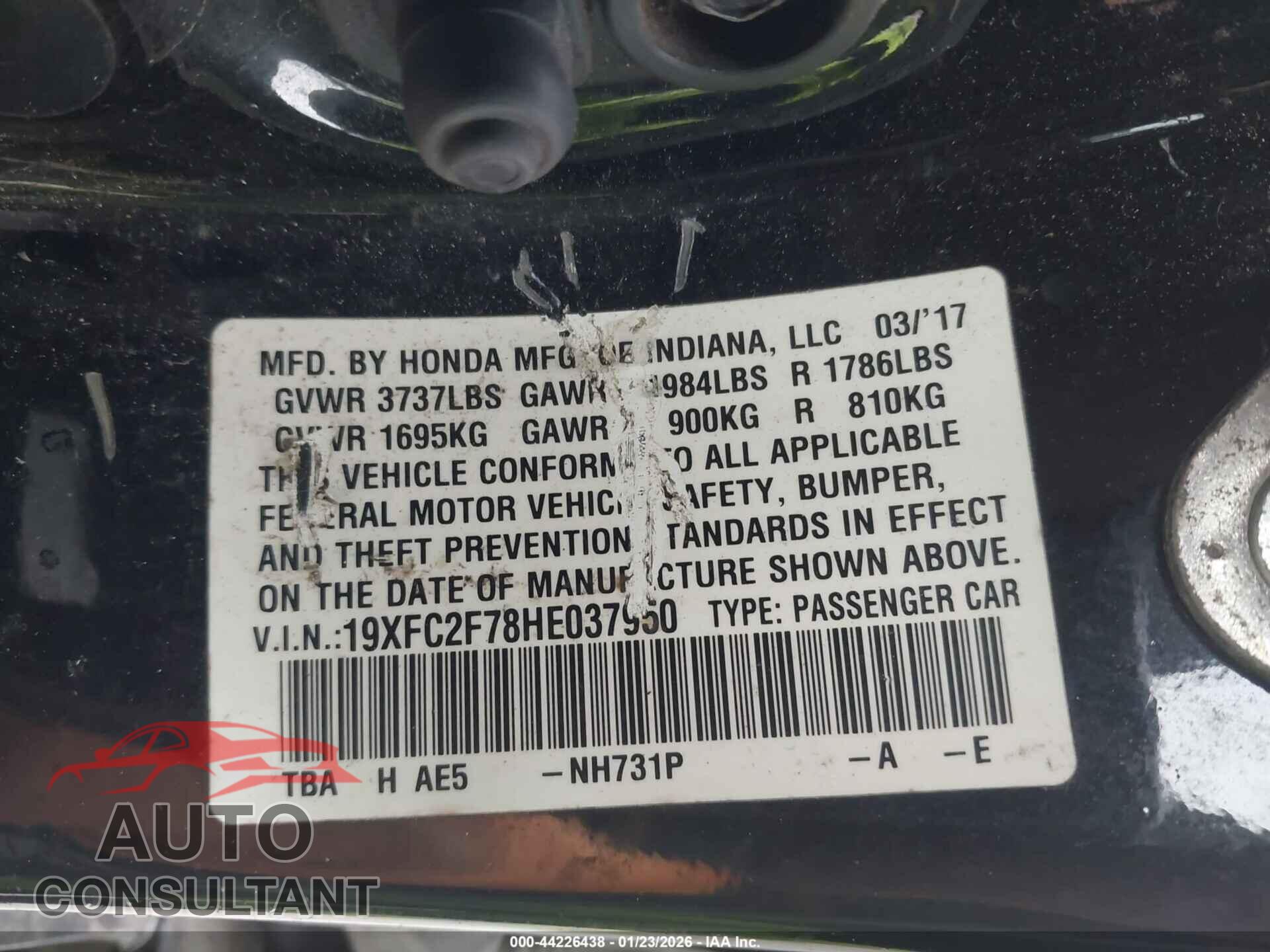 HONDA CIVIC 2017 - 19XFC2F78HE037950