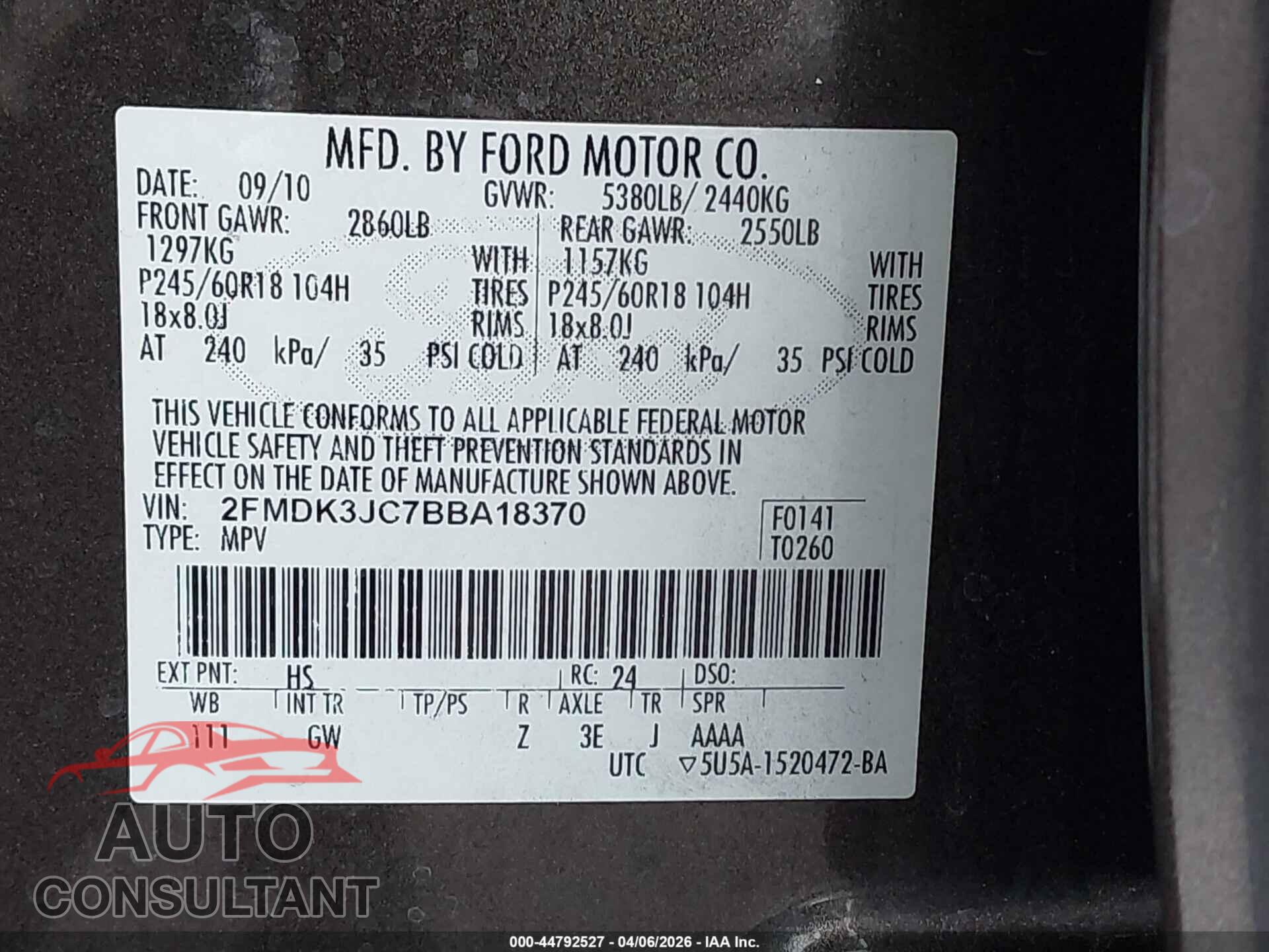 FORD EDGE 2011 - 2FMDK3JC7BBA18370
