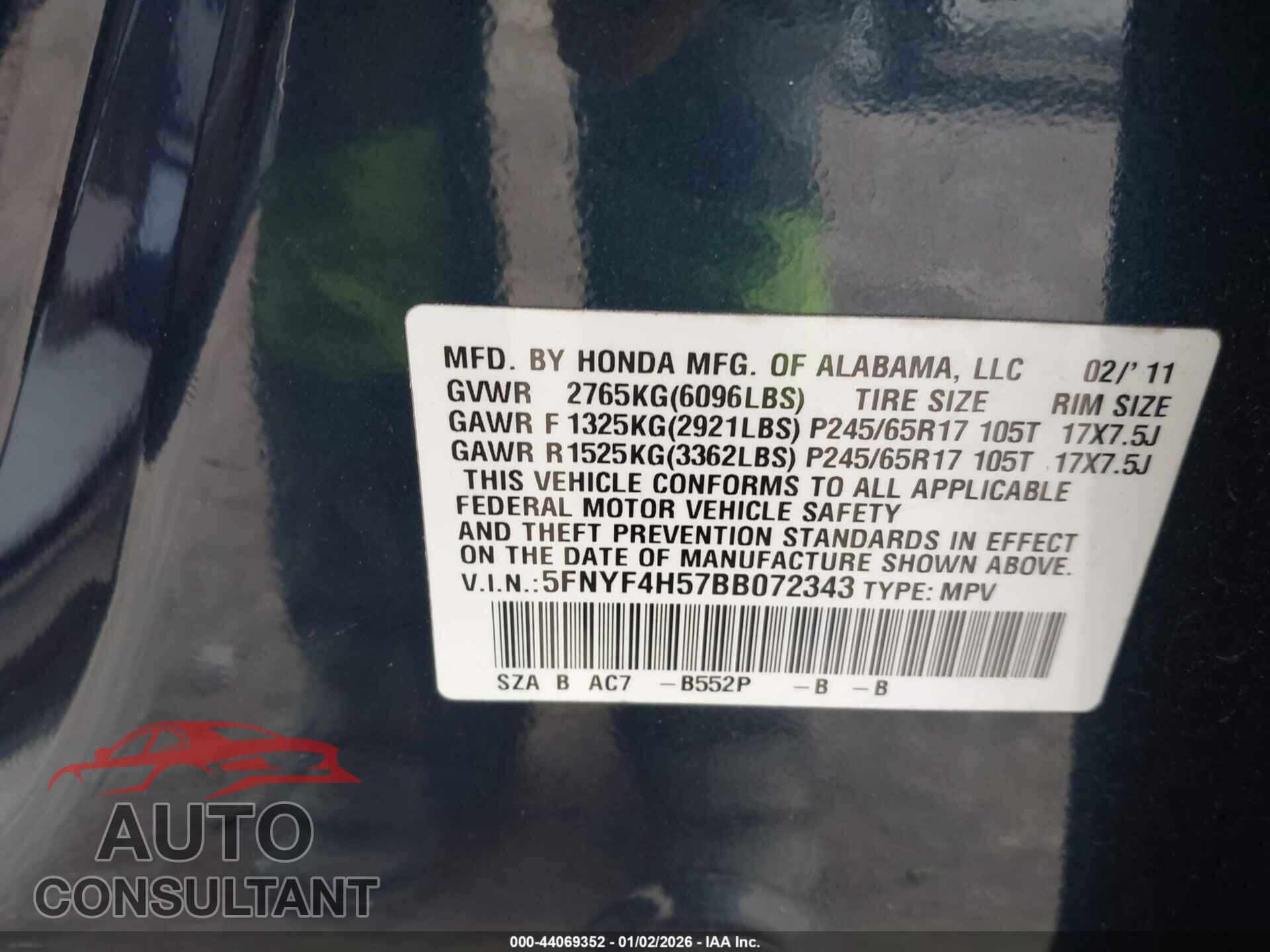 HONDA PILOT 2011 - 5FNYF4H57BB072343