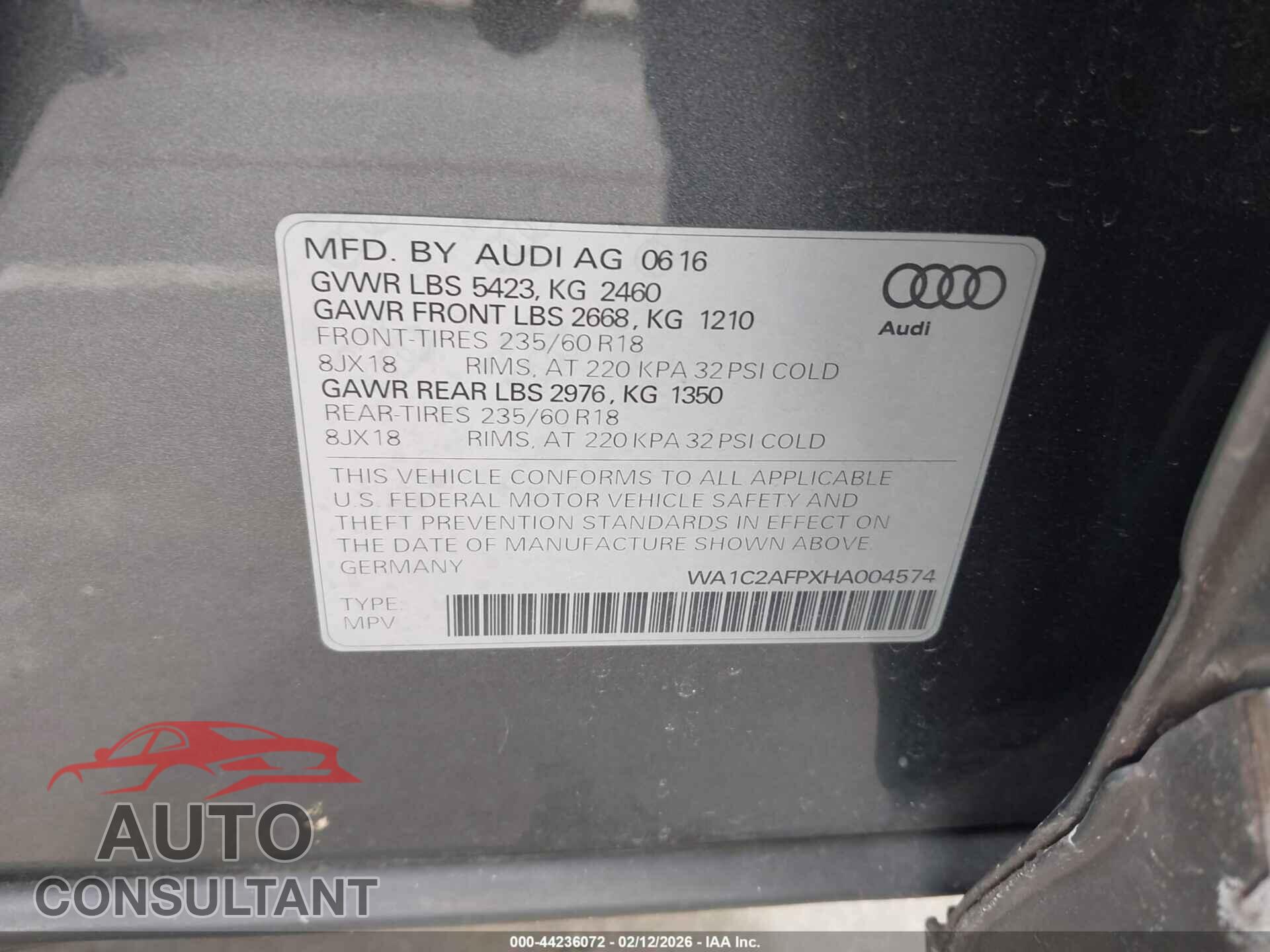 AUDI Q5 2017 - WA1C2AFPXHA004574