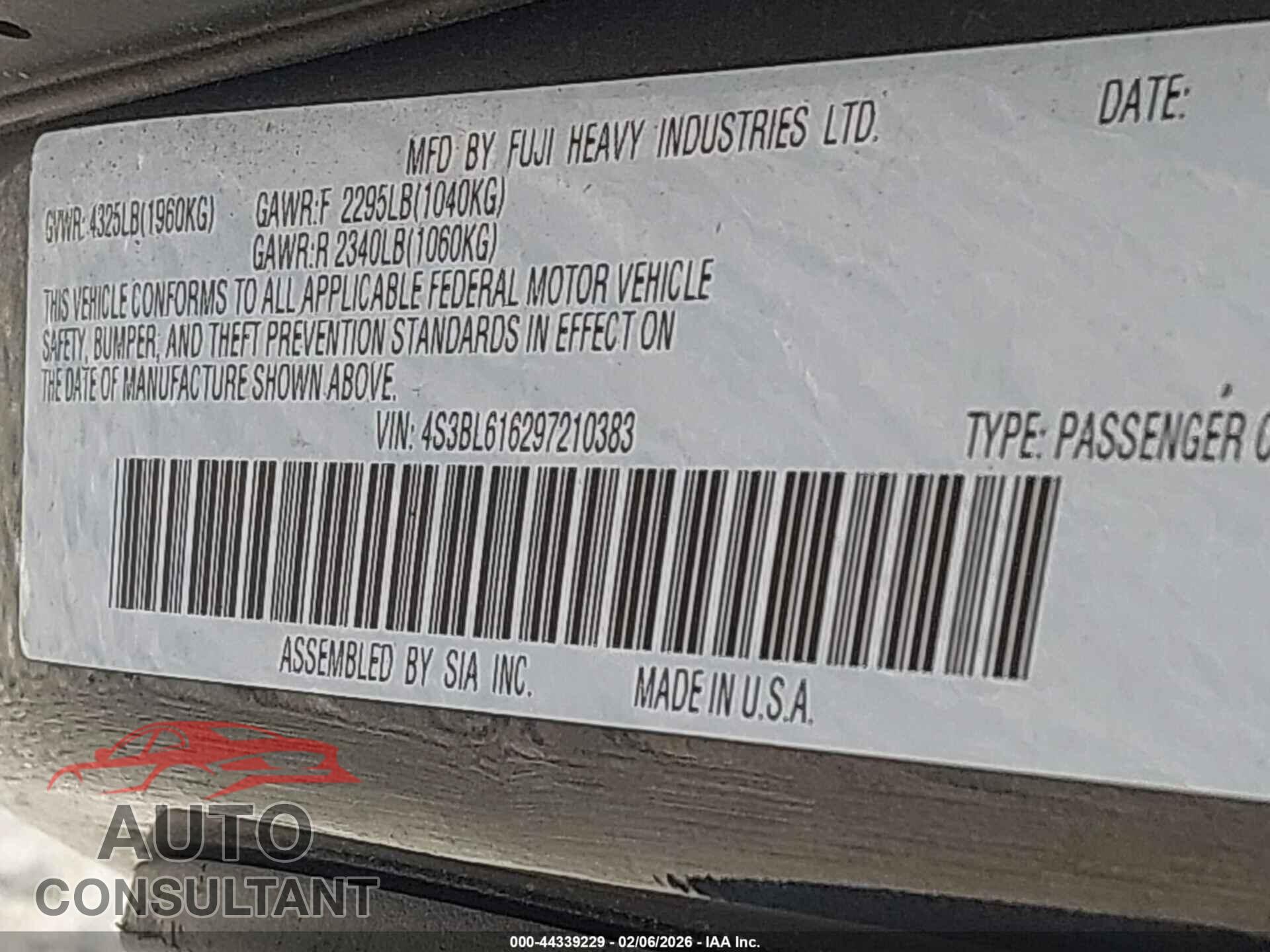 SUBARU LEGACY 2009 - 4S3BL616297210383