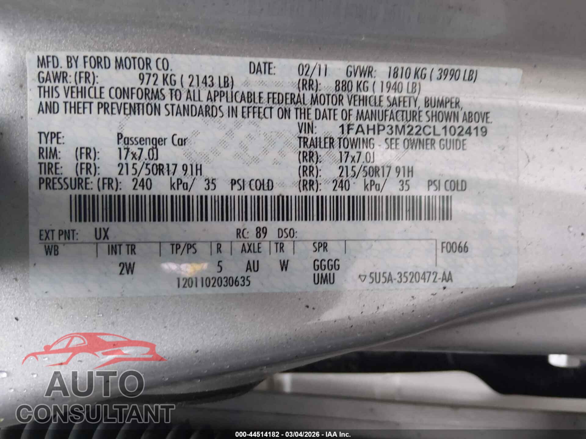 FORD FOCUS 2012 - 1FAHP3M22CL102419