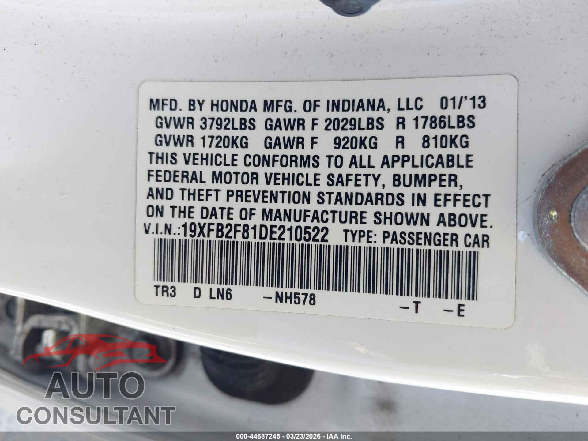 HONDA CIVIC 2013 - 19XFB2F81DE210522