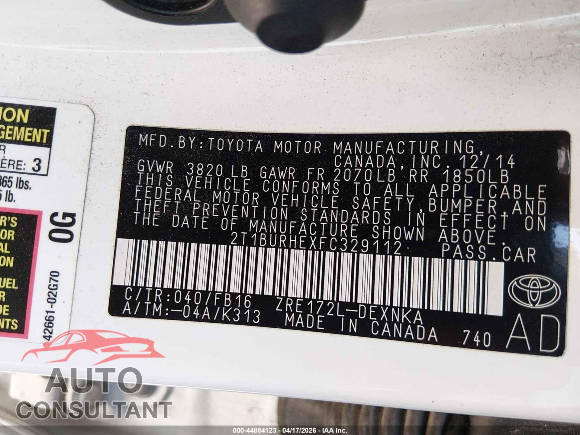 TOYOTA COROLLA 2015 - 2T1BURHEXFC329112