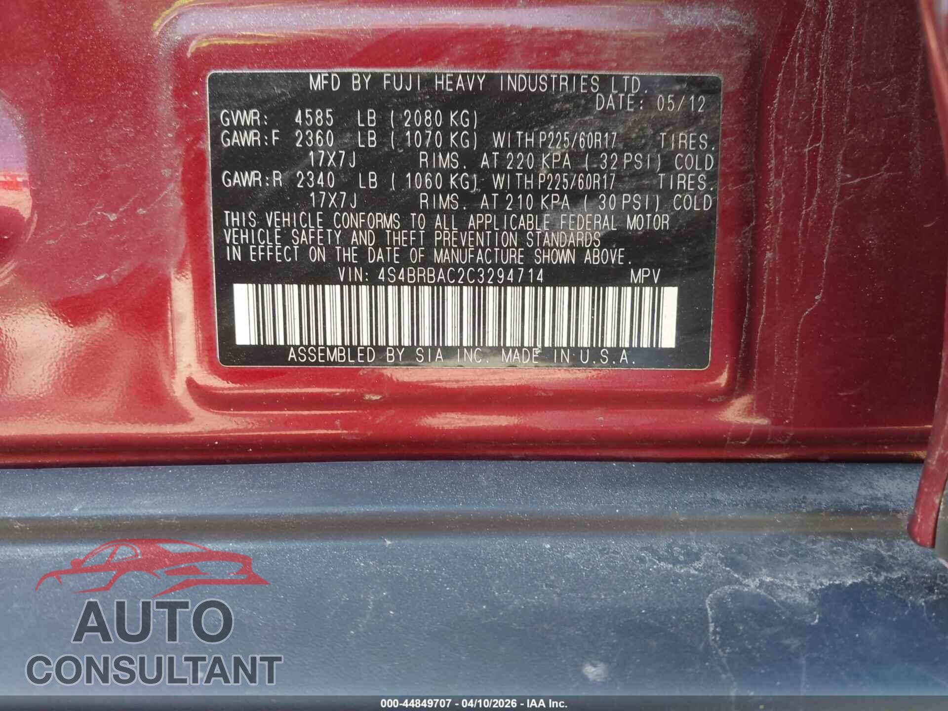 SUBARU OUTBACK 2012 - 4S4BRBAC2C3294714