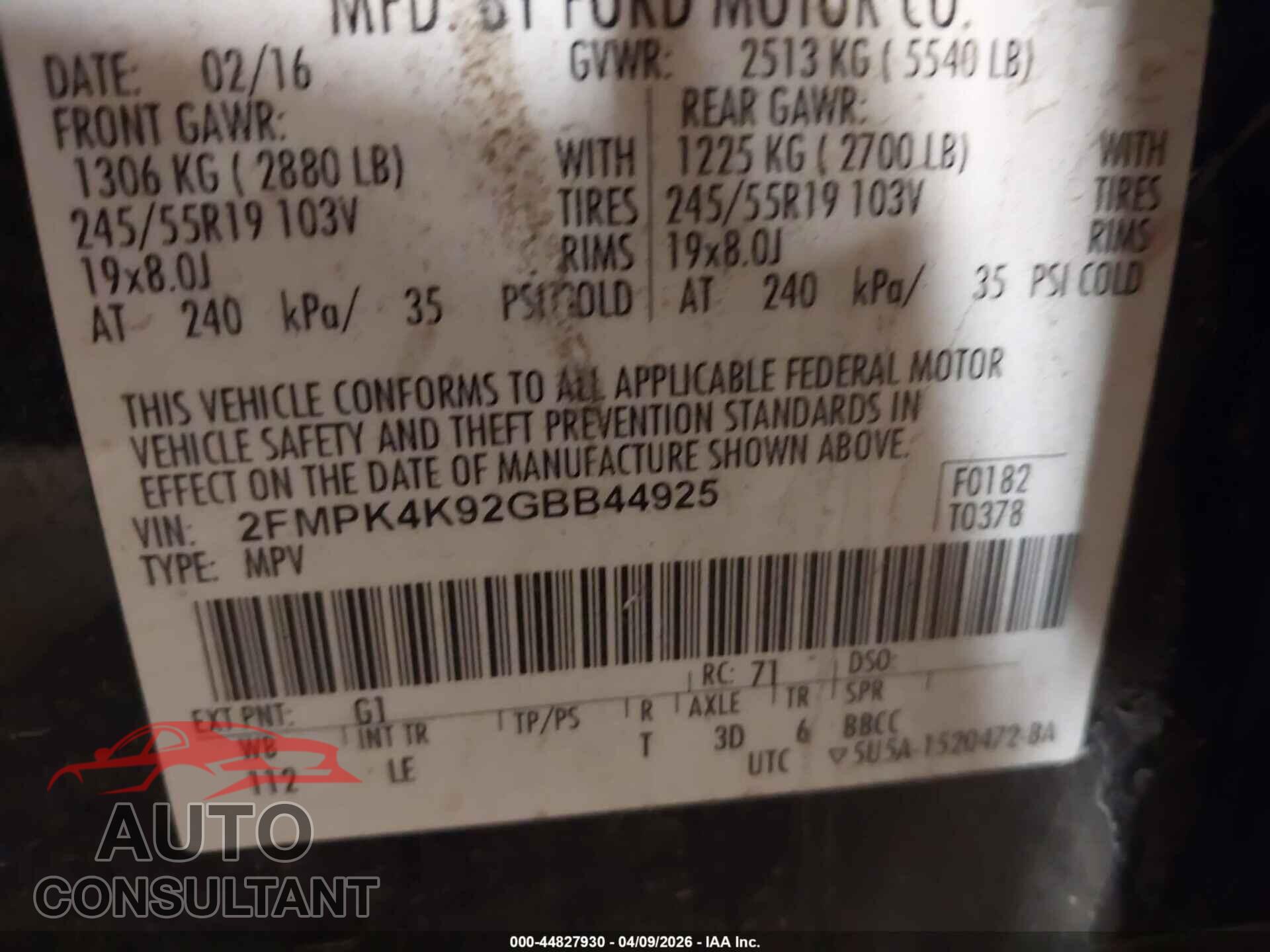 FORD EDGE 2016 - 2FMPK4K92GBB44925