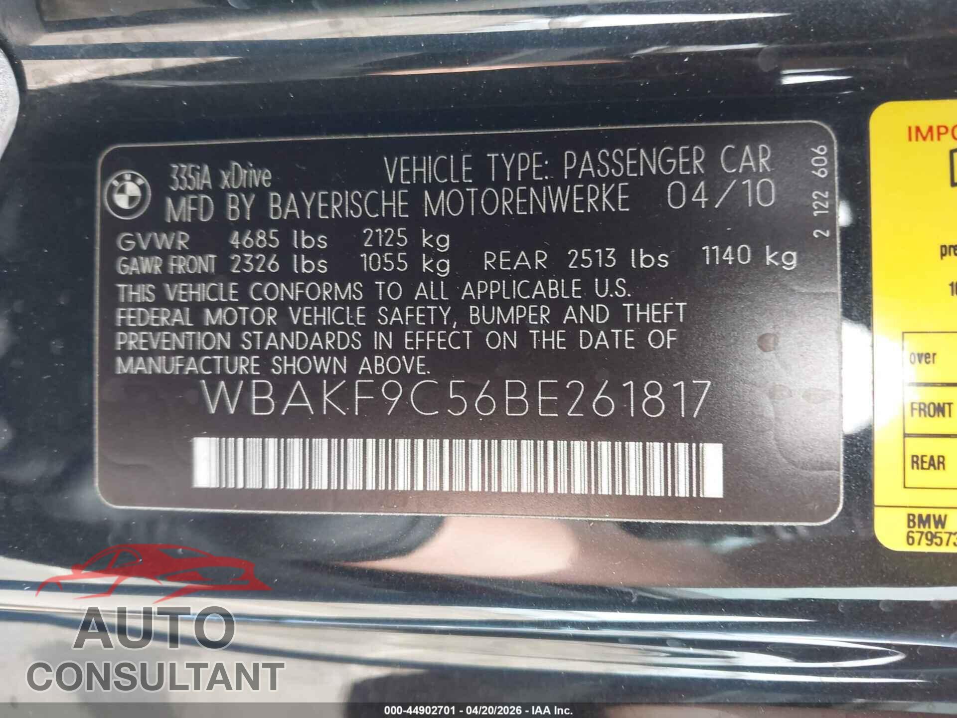 BMW 335I 2011 - WBAKF9C56BE261817