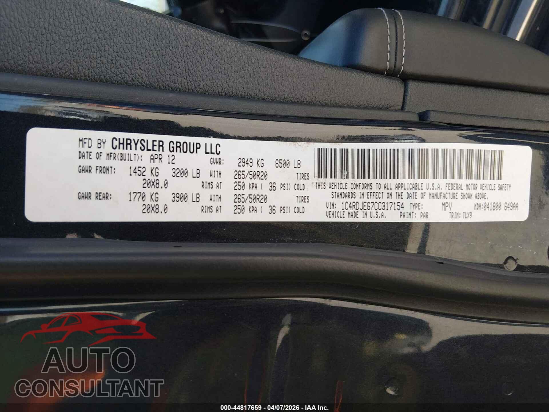 DODGE DURANGO 2012 - 1C4RDJEG7CC317154