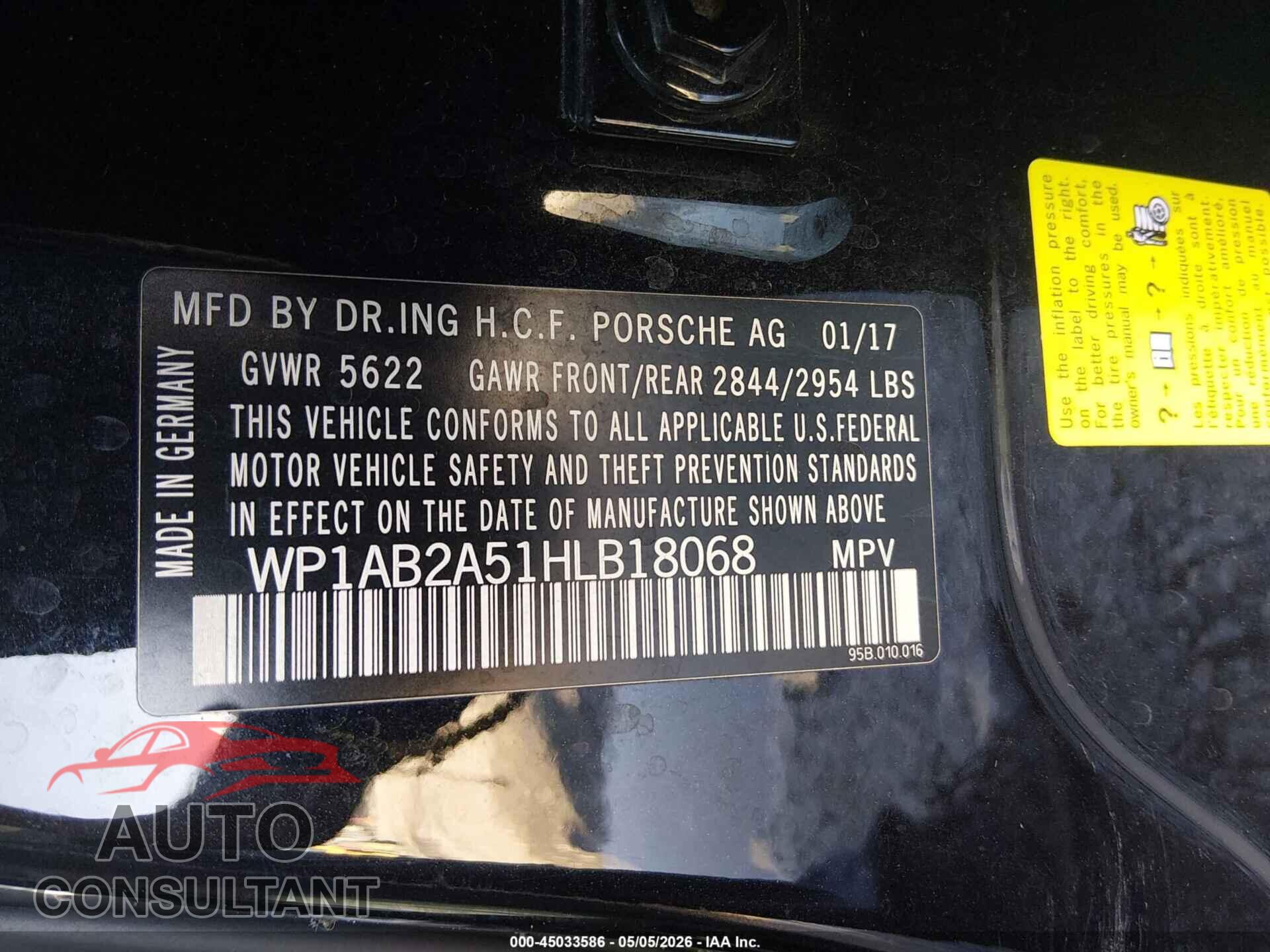 PORSCHE MACAN 2017 - WP1AB2A51HLB18068