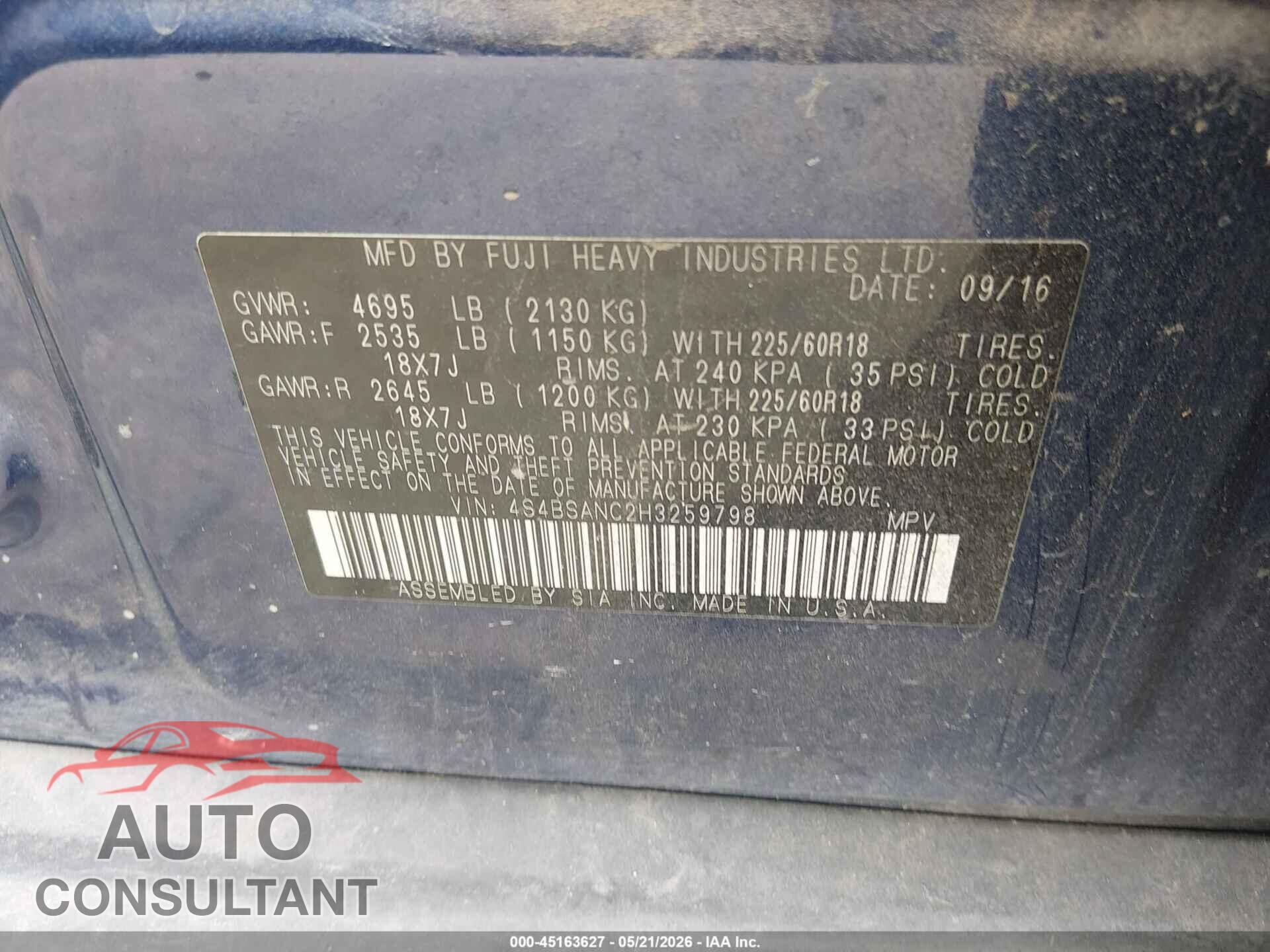 SUBARU OUTBACK 2017 - 4S4BSANC2H3259798