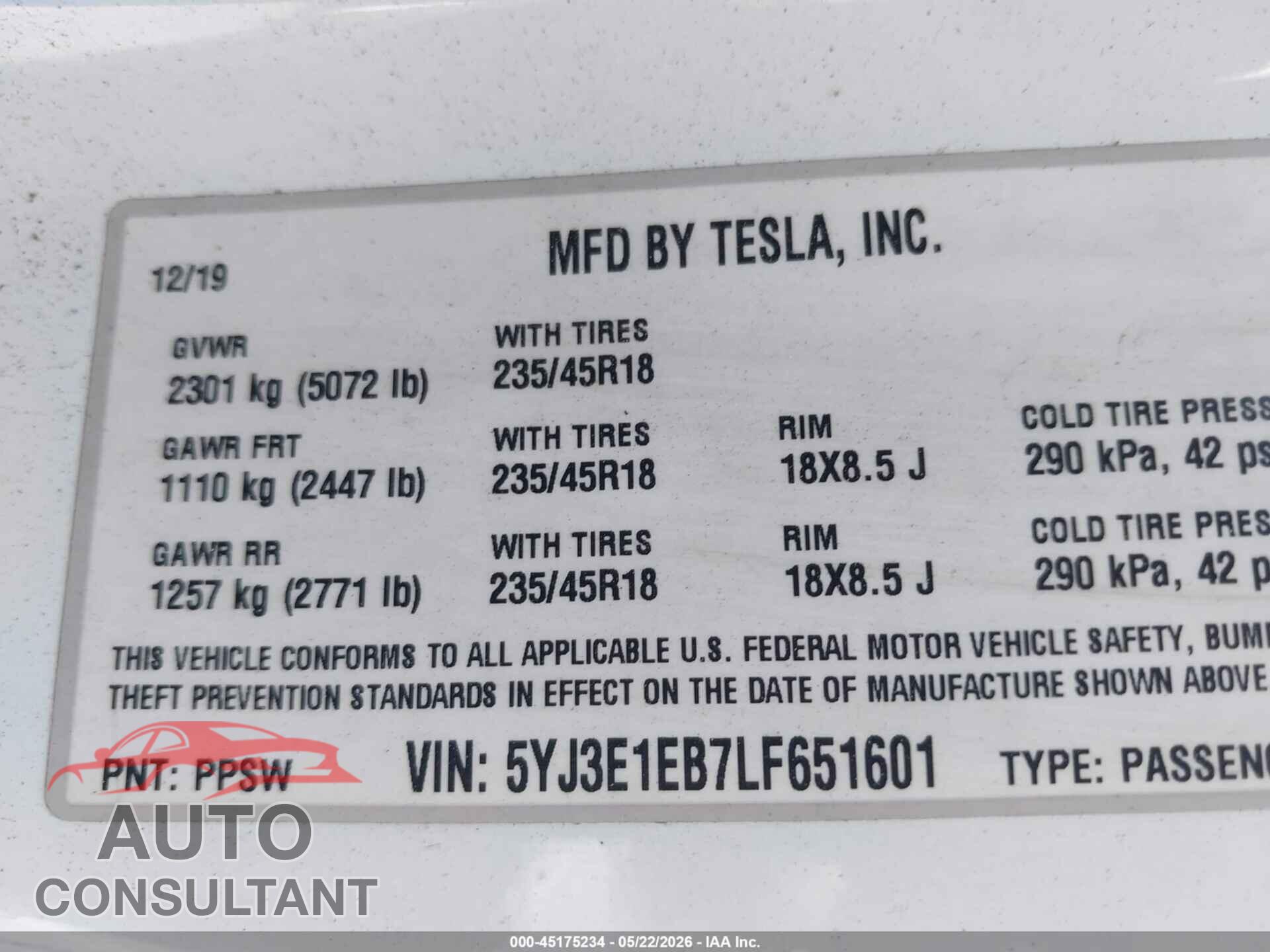 TESLA MODEL 3 2020 - 5YJ3E1EB7LF651601