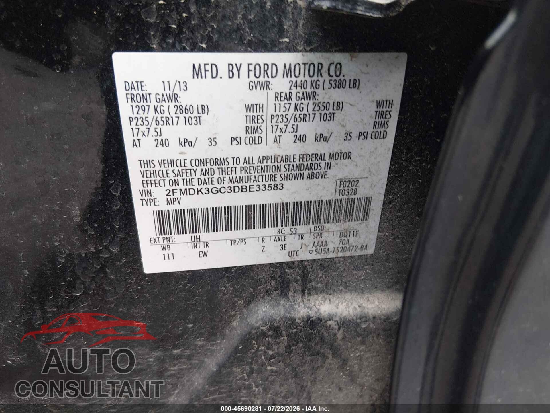 FORD EDGE 2013 - 2FMDK3GC3DBE33583