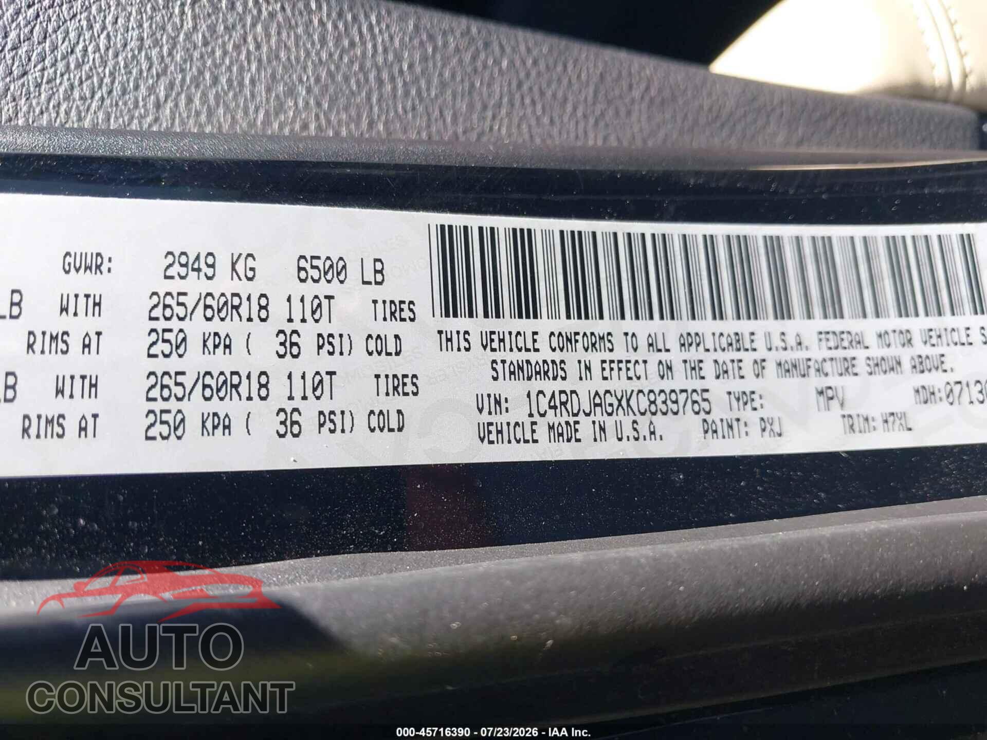 DODGE DURANGO 2019 - 1C4RDJAGXKC839765