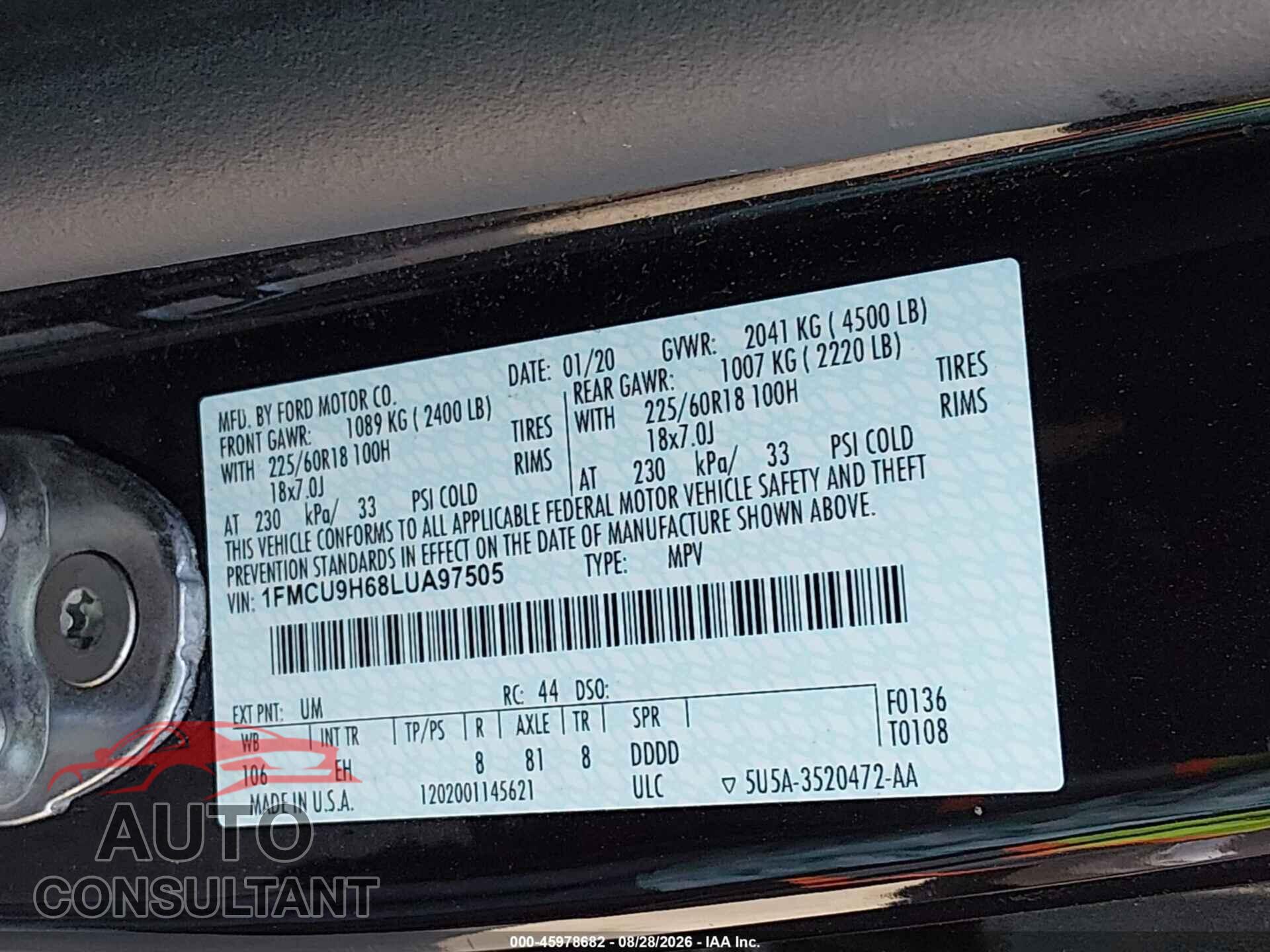 FORD ESCAPE 2020 - 1FMCU9H68LUA97505