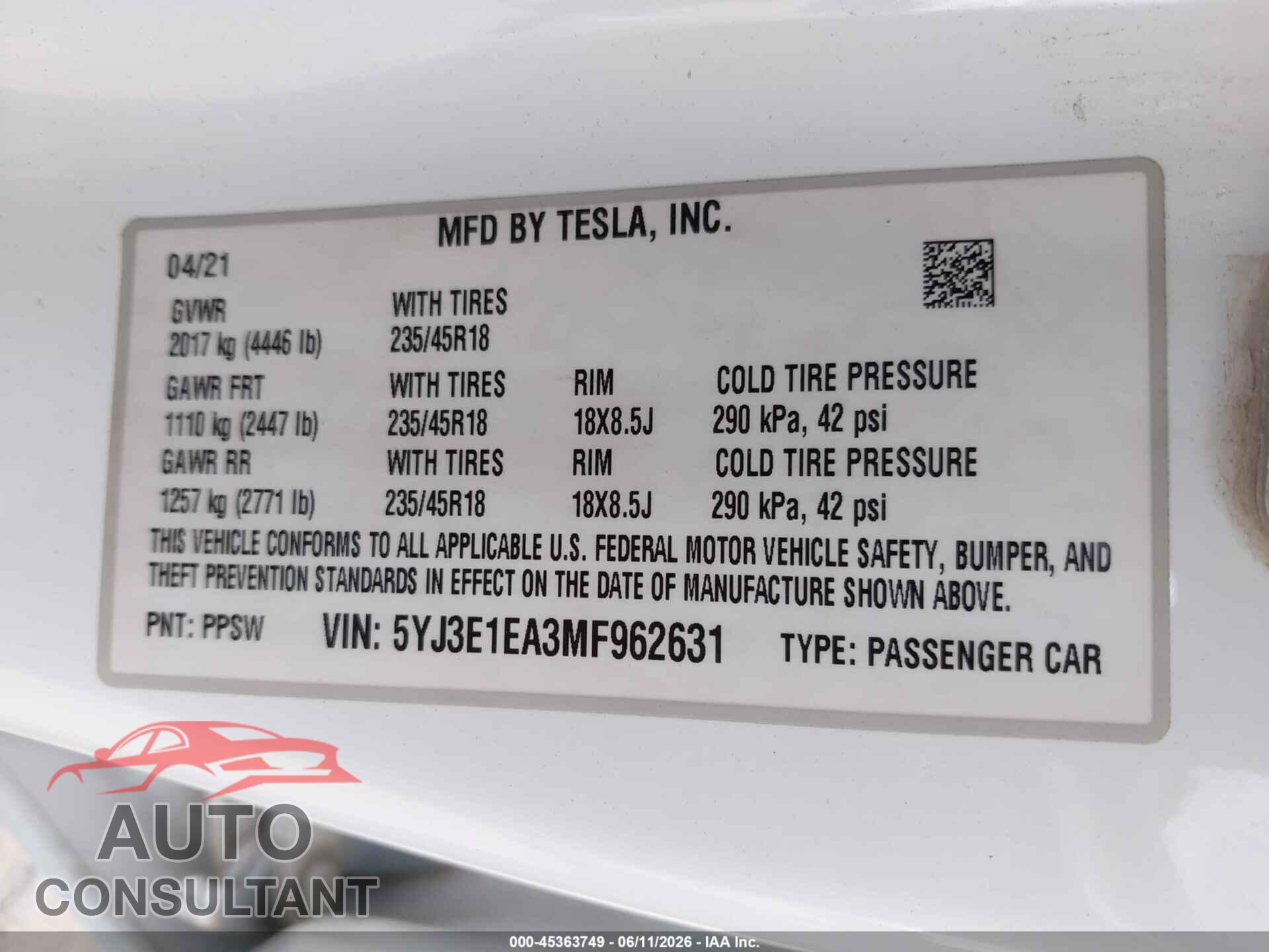 TESLA MODEL 3 2021 - 5YJ3E1EA3MF962631