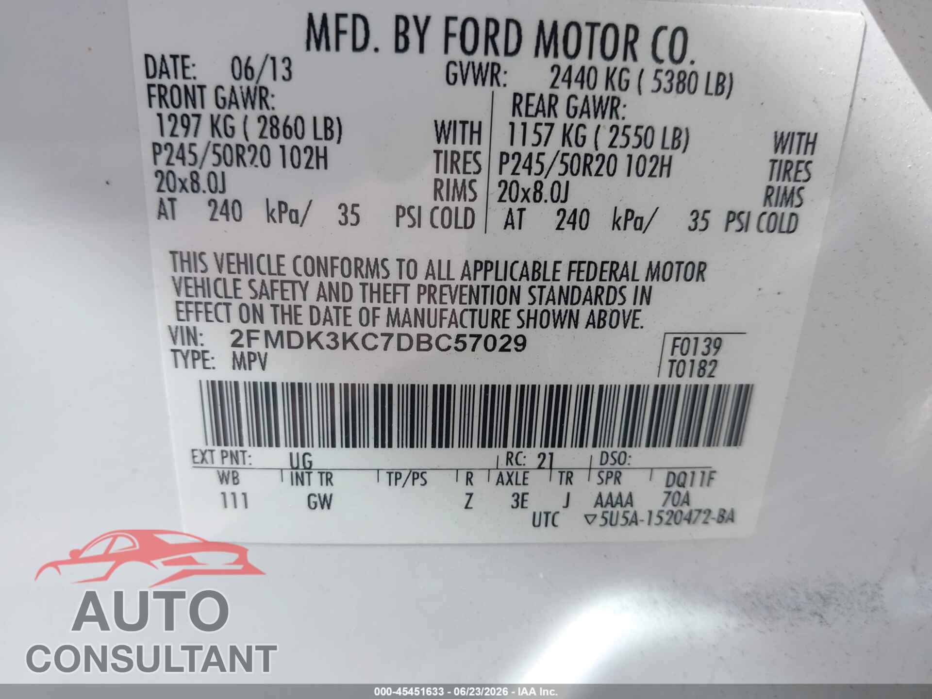FORD EDGE 2013 - 2FMDK3KC7DBC57029
