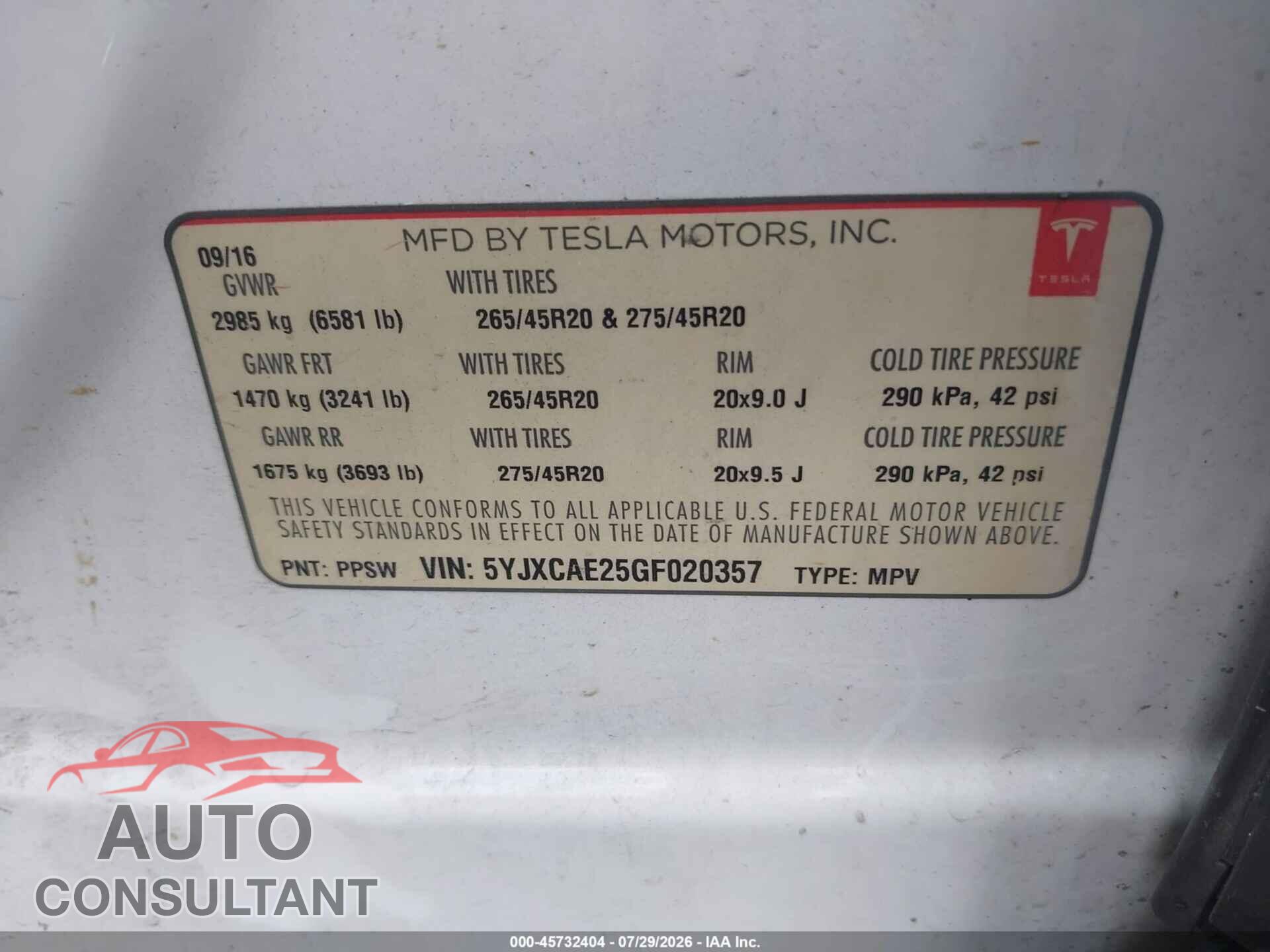 TESLA MODEL X 2016 - 5YJXCAE25GF020357