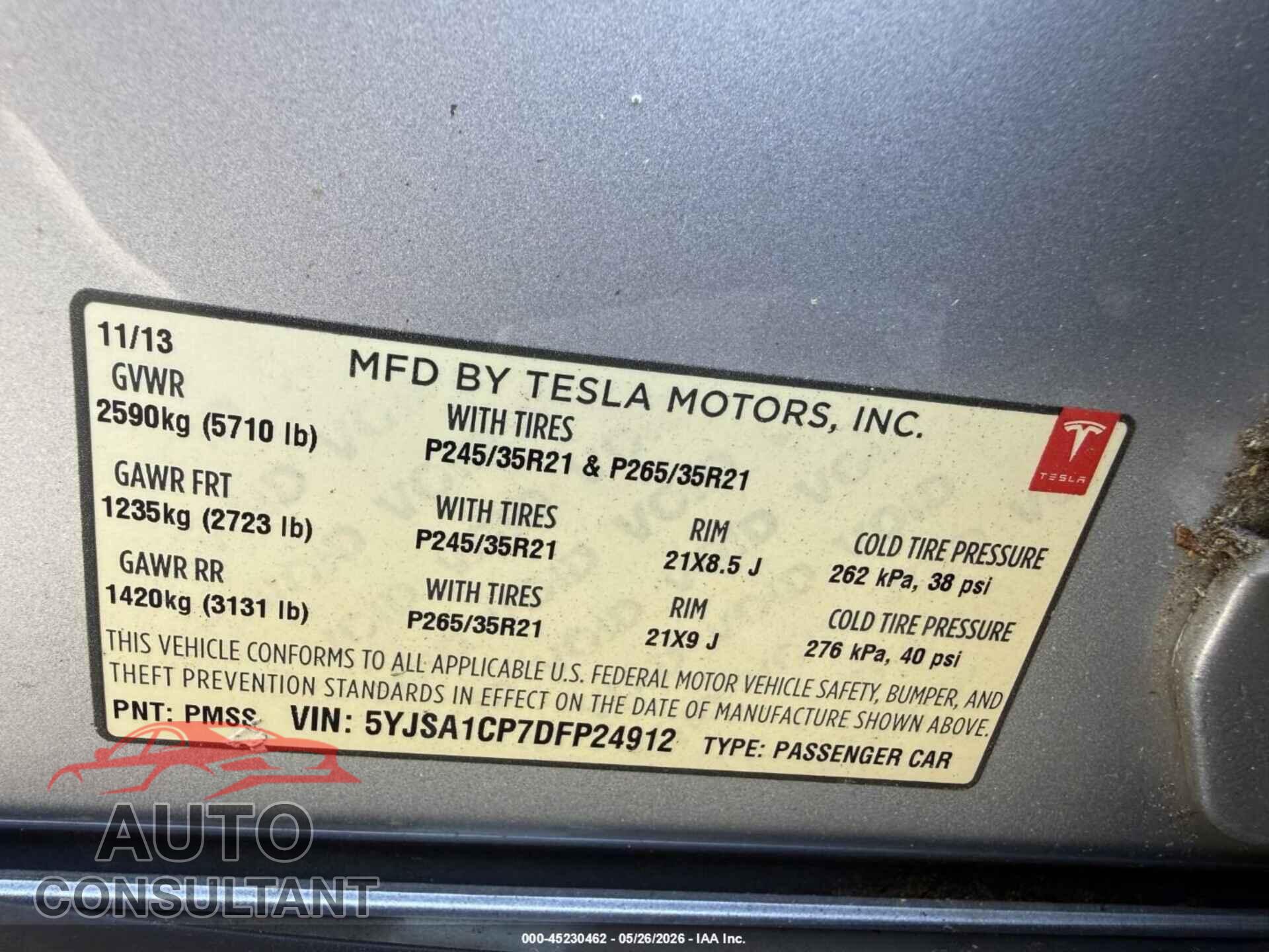 TESLA MODEL S 2013 - 5YJSA1CP7DFP24912