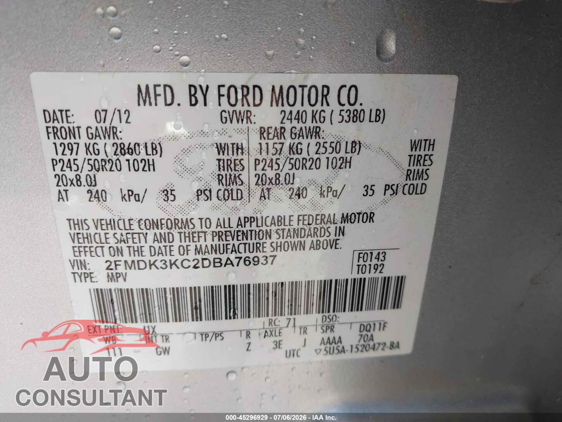 FORD EDGE 2013 - 2FMDK3KC2DBA76937