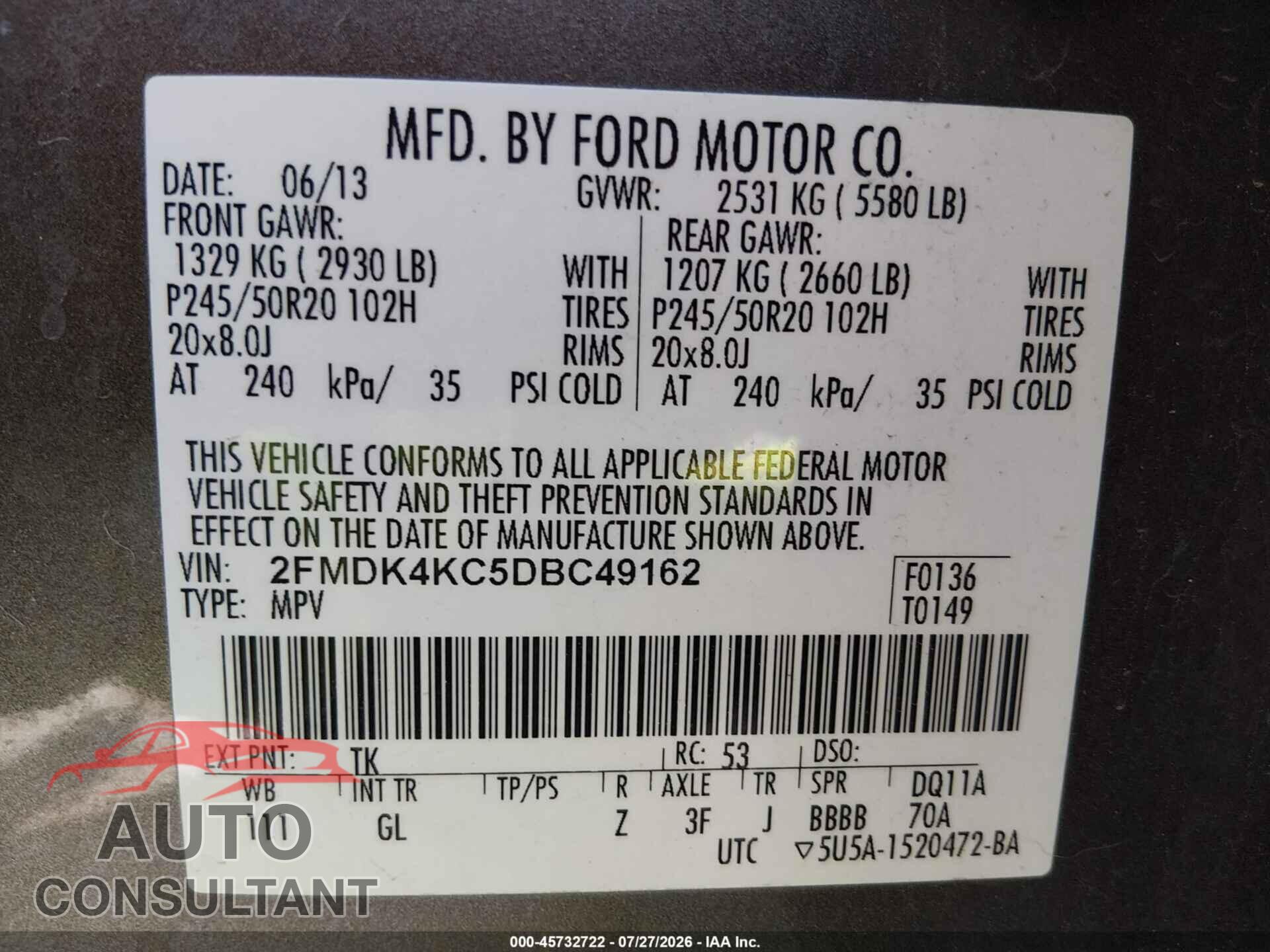 FORD EDGE 2013 - 2FMDK4KC5DBC49162