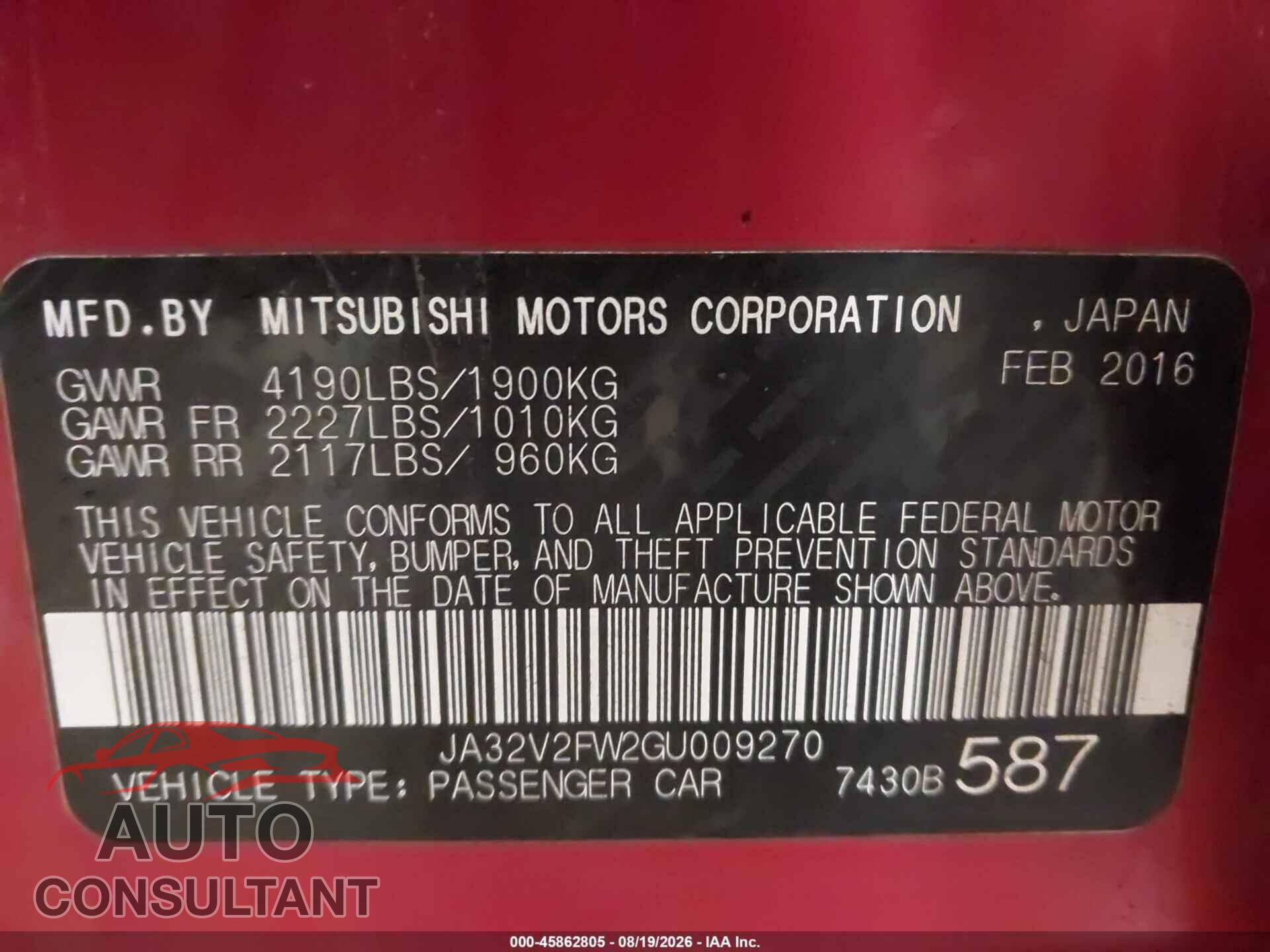 MITSUBISHI LANCER 2016 - JA32V2FW2GU009270