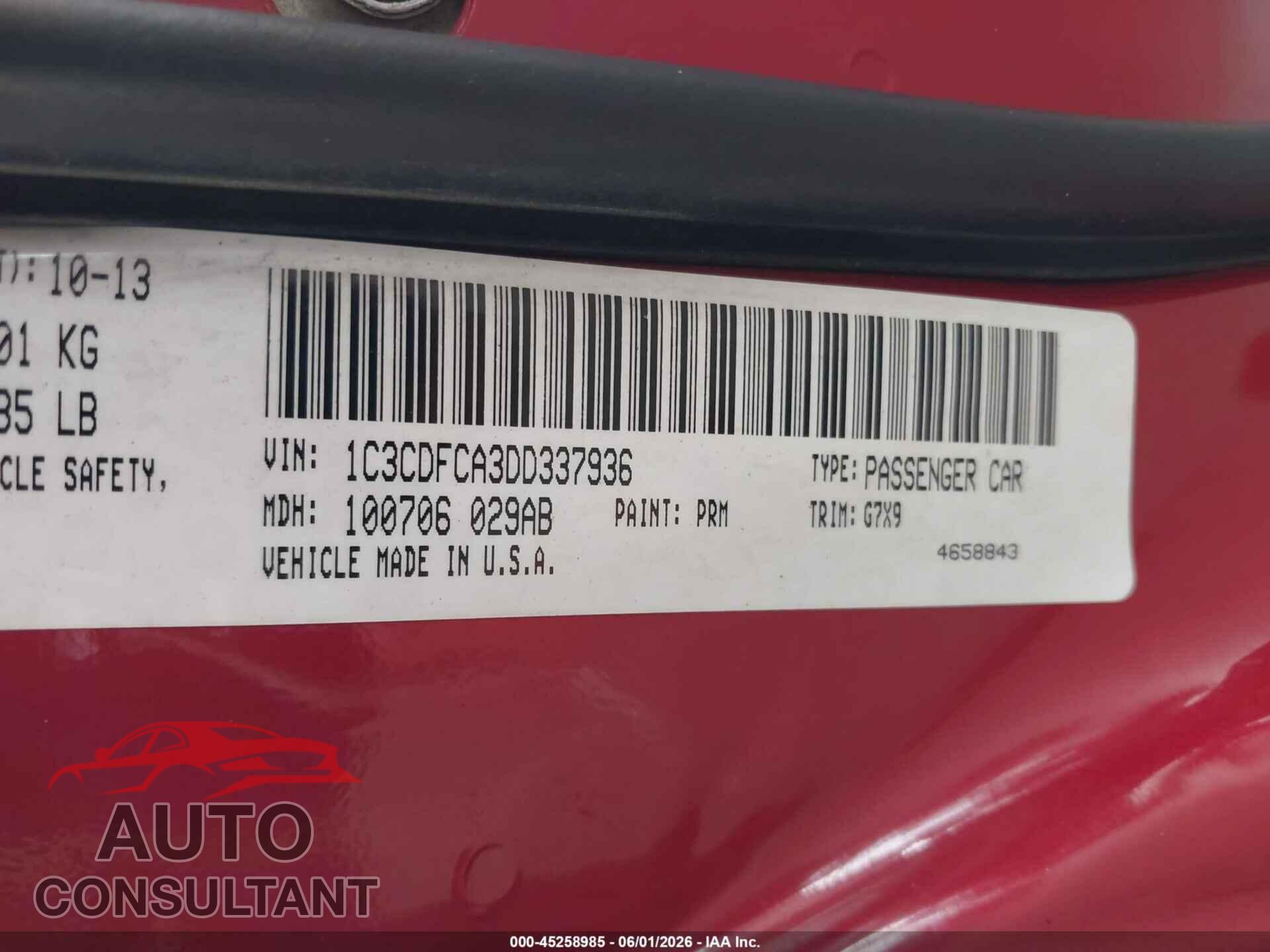 DODGE DART 2013 - 1C3CDFCA3DD337936