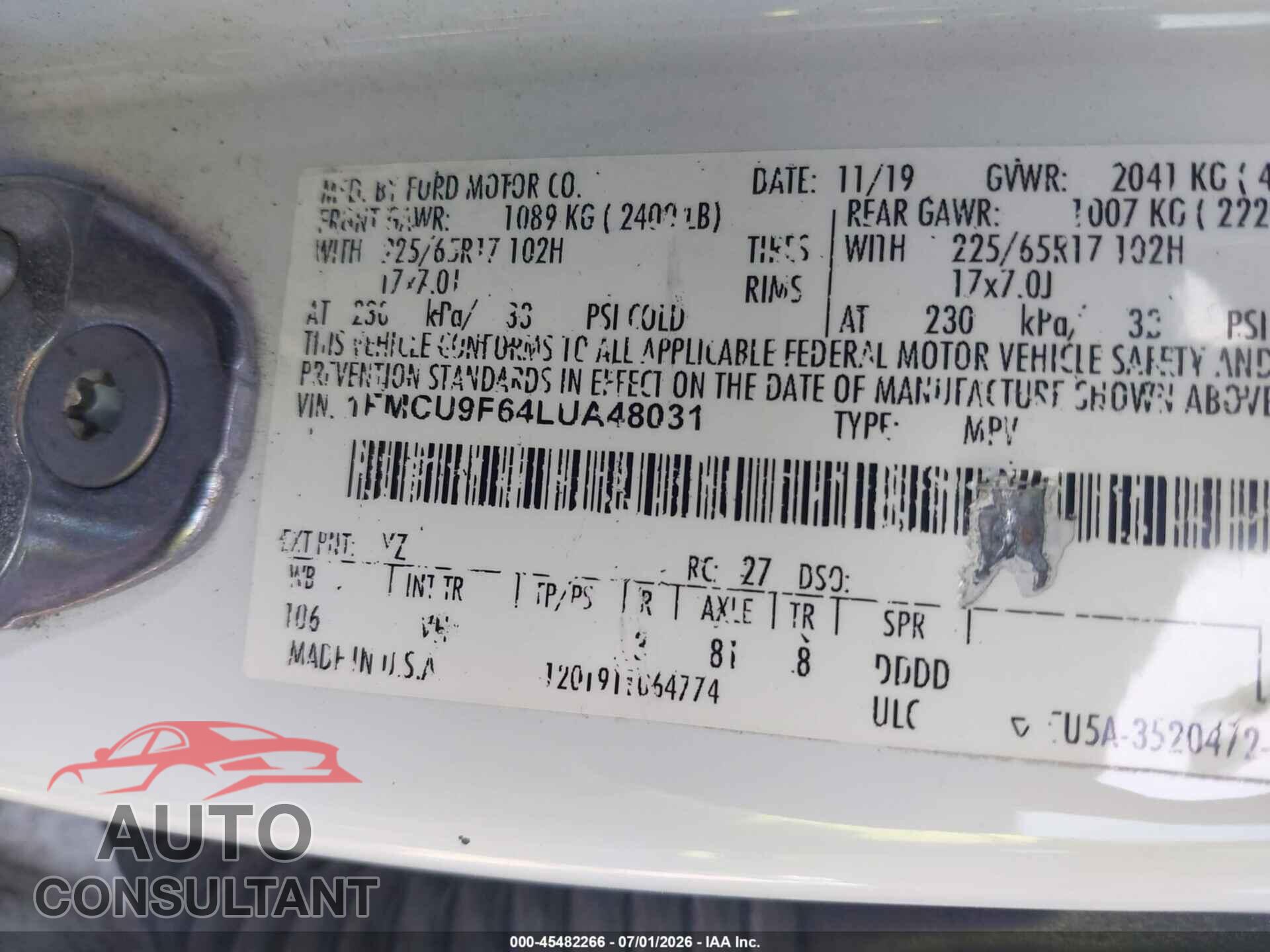FORD ESCAPE 2020 - 1FMCU9F64LUA48031
