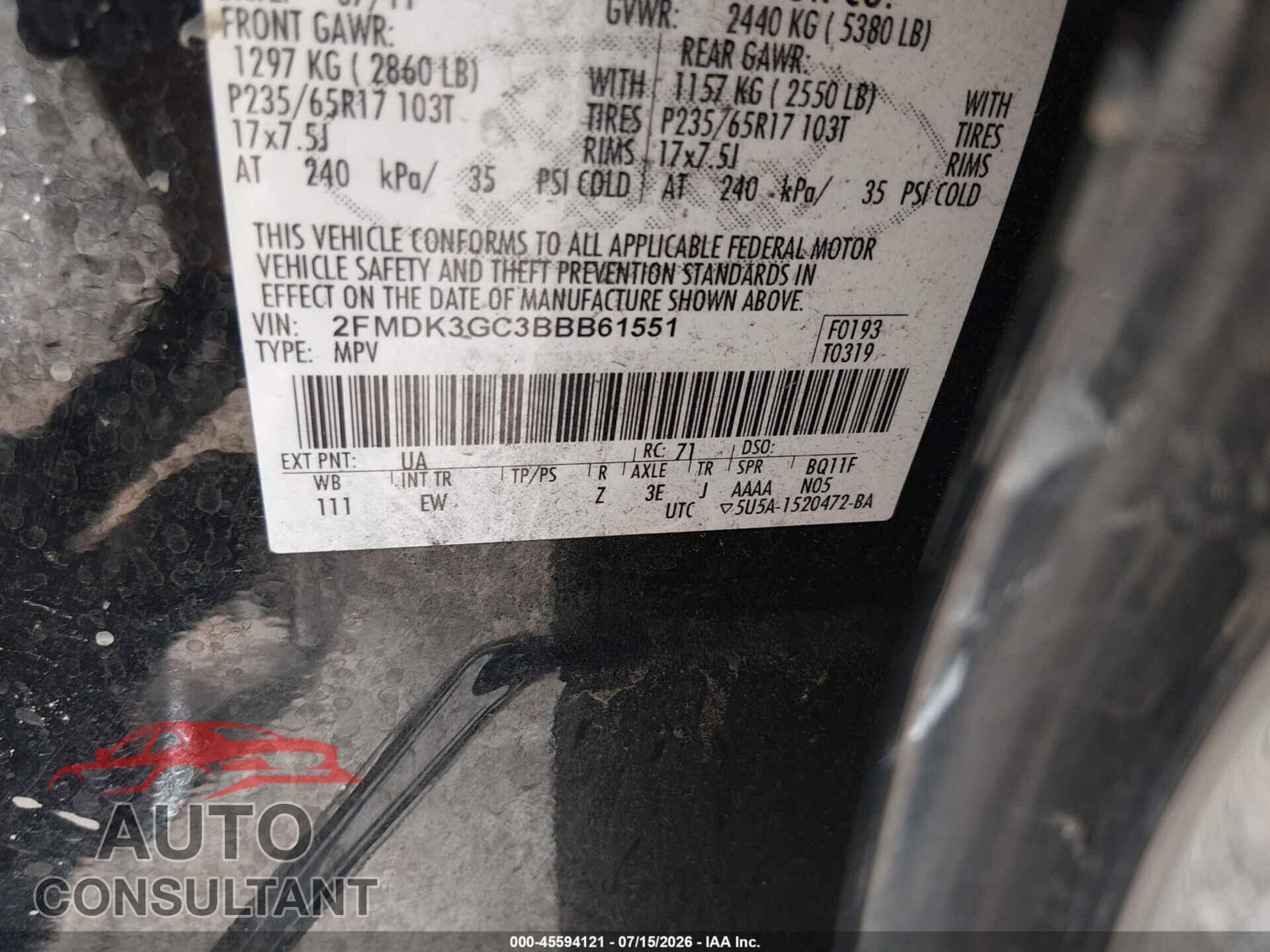 FORD EDGE 2011 - 2FMDK3GC3BBB61551