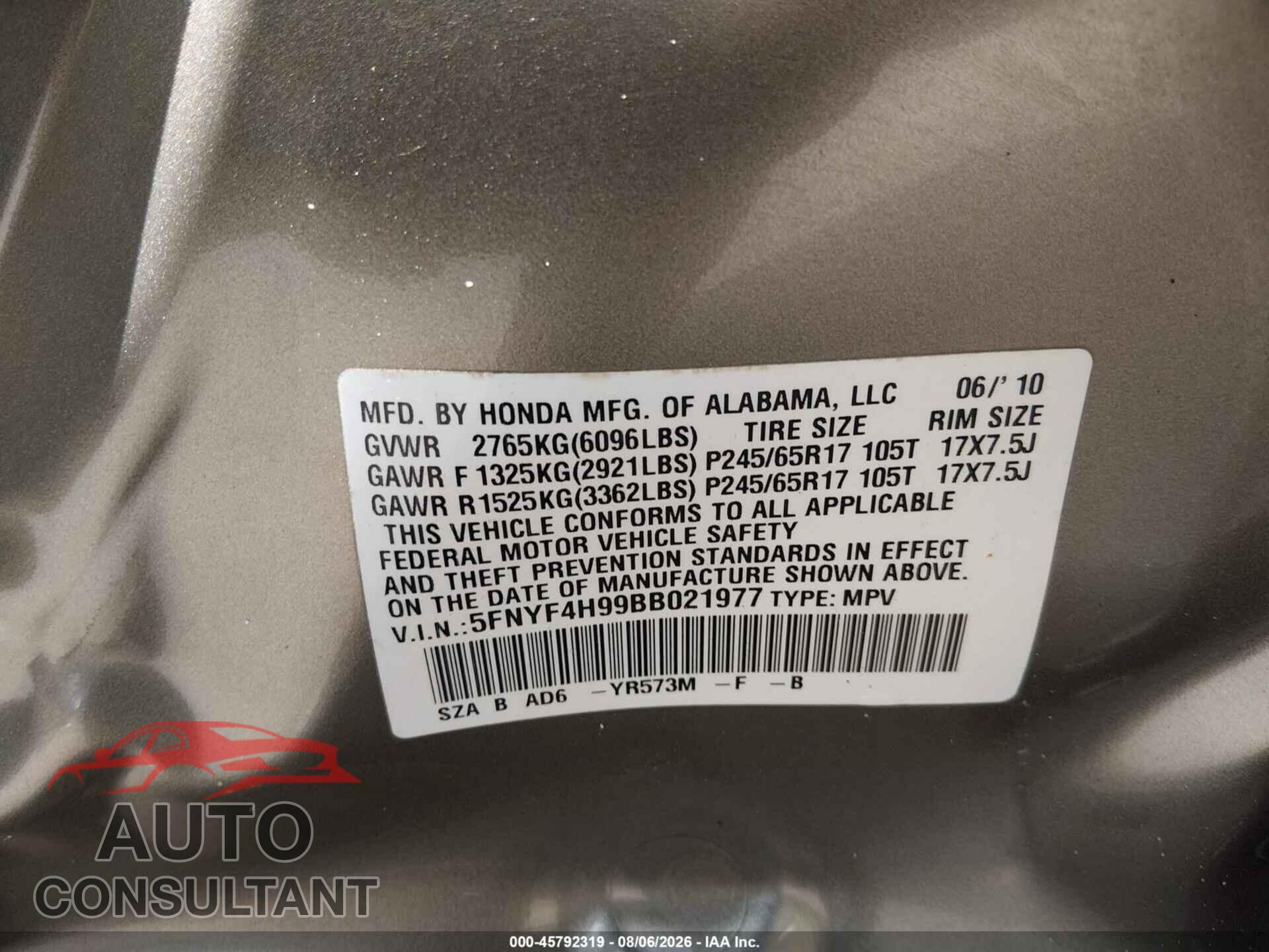 HONDA PILOT 2011 - 5FNYF4H99BB021977