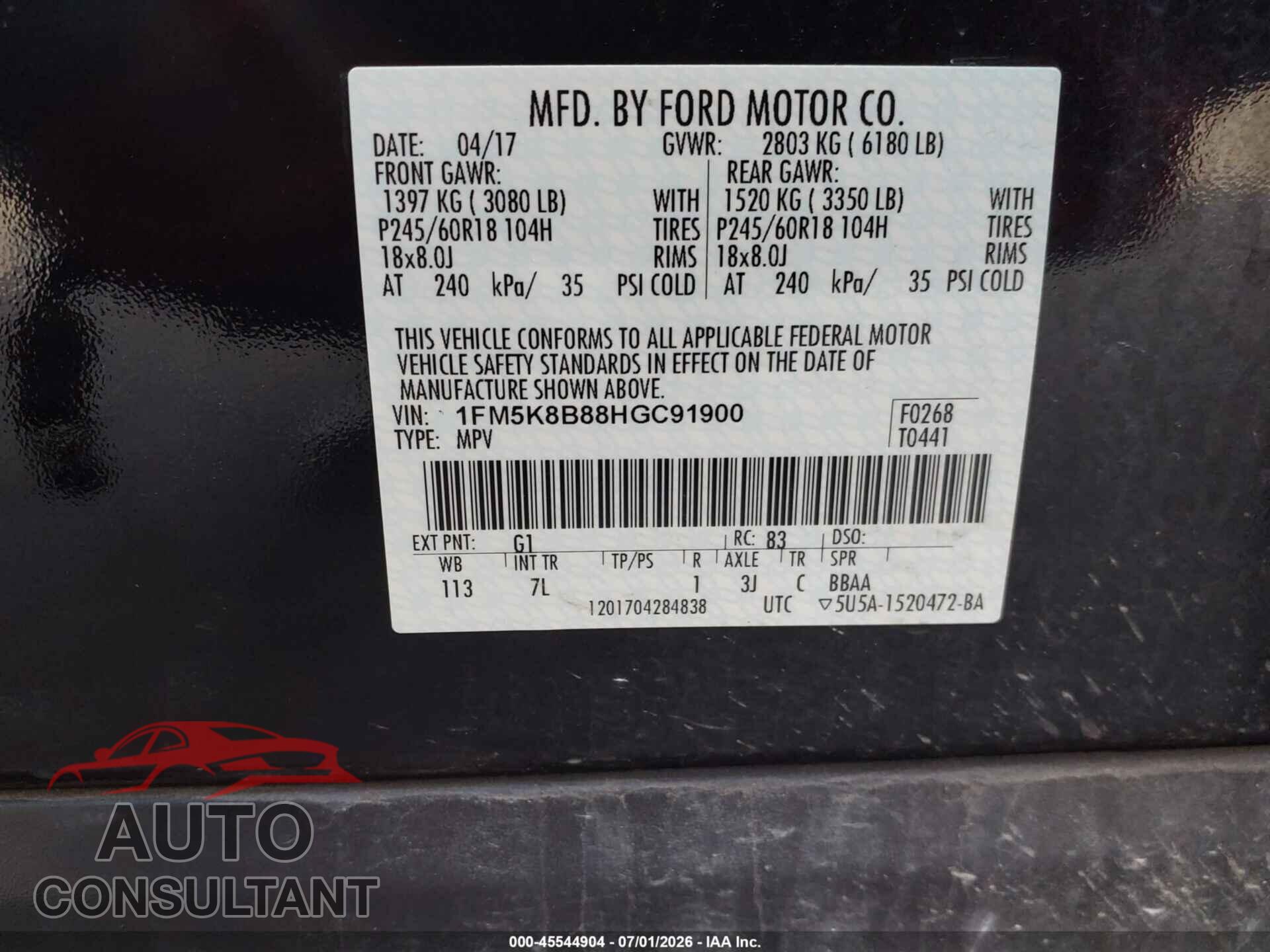 FORD EXPLORER 2017 - 1FM5K8B88HGC91900