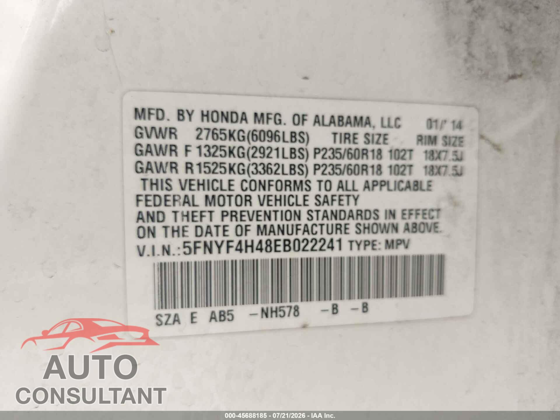 HONDA PILOT 2014 - 5FNYF4H48EB022241