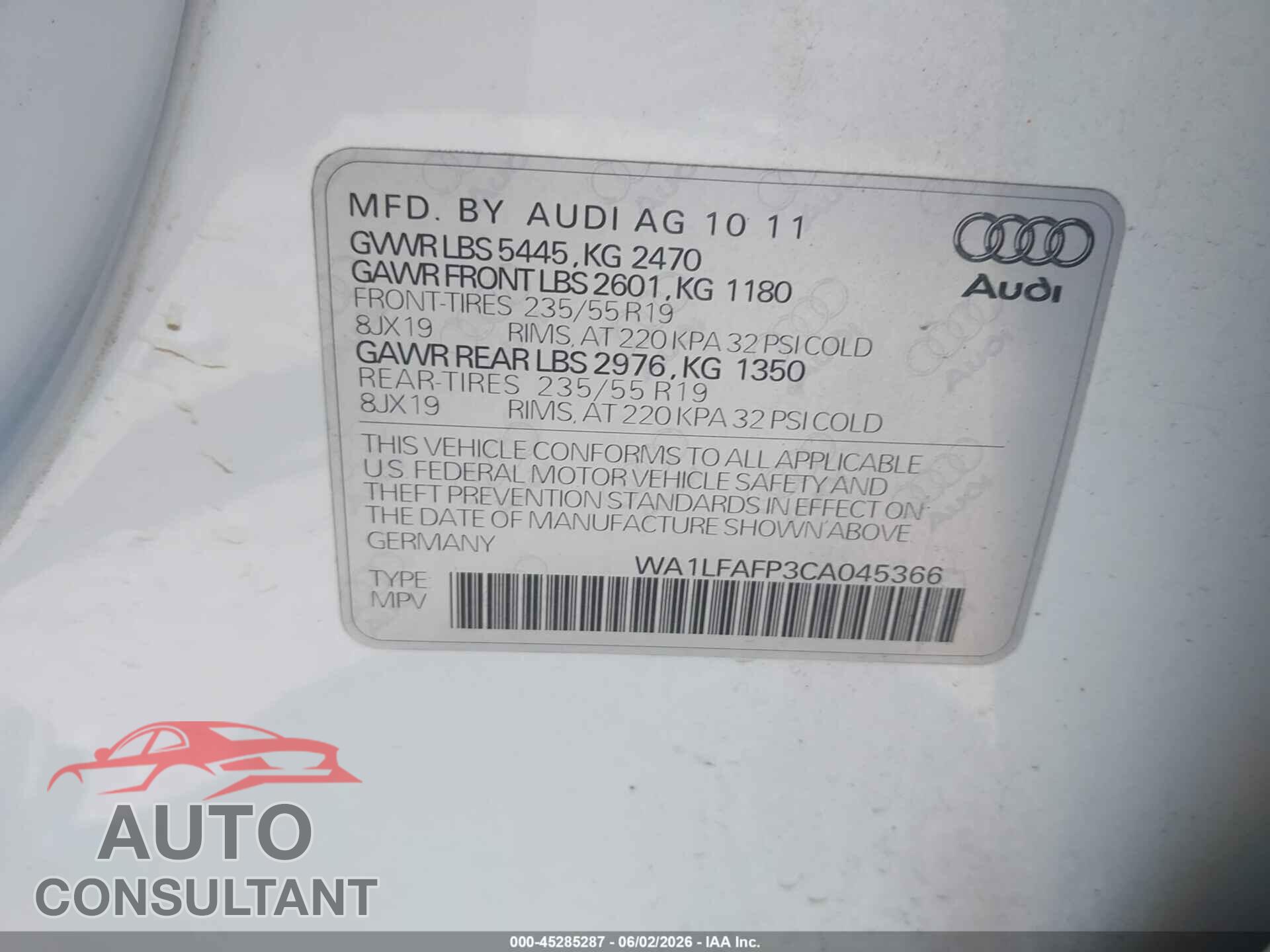 AUDI Q5 2012 - WA1LFAFP3CA045366