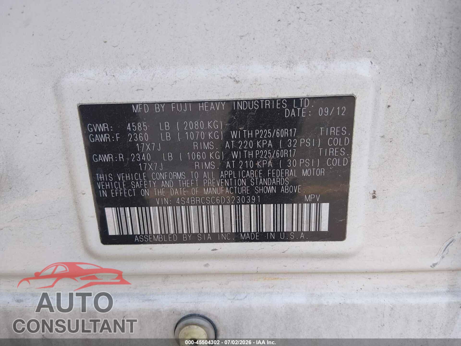 SUBARU OUTBACK 2013 - 4S4BRCSC6D3230391