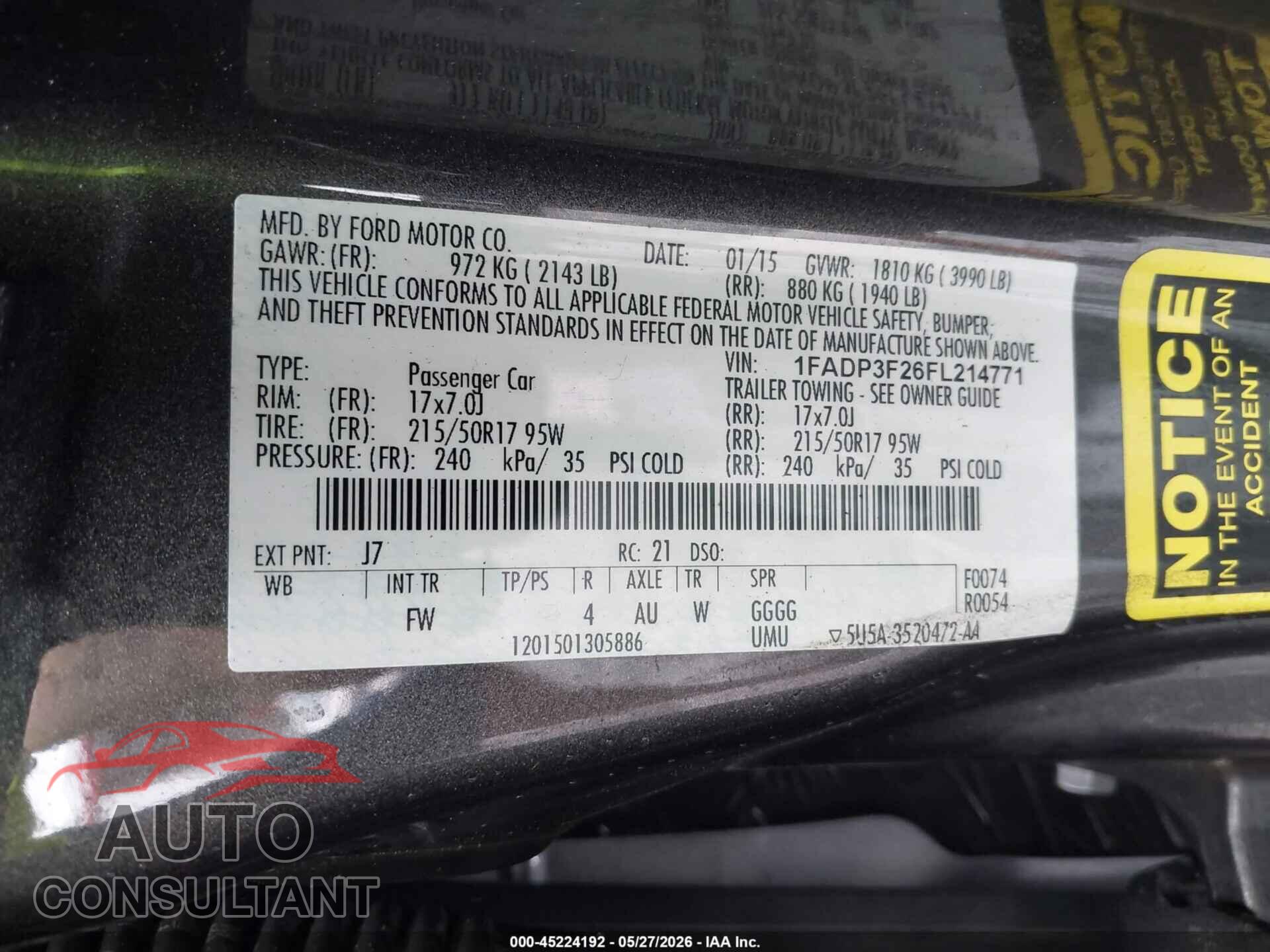 FORD FOCUS 2015 - 1FADP3F26FL214771