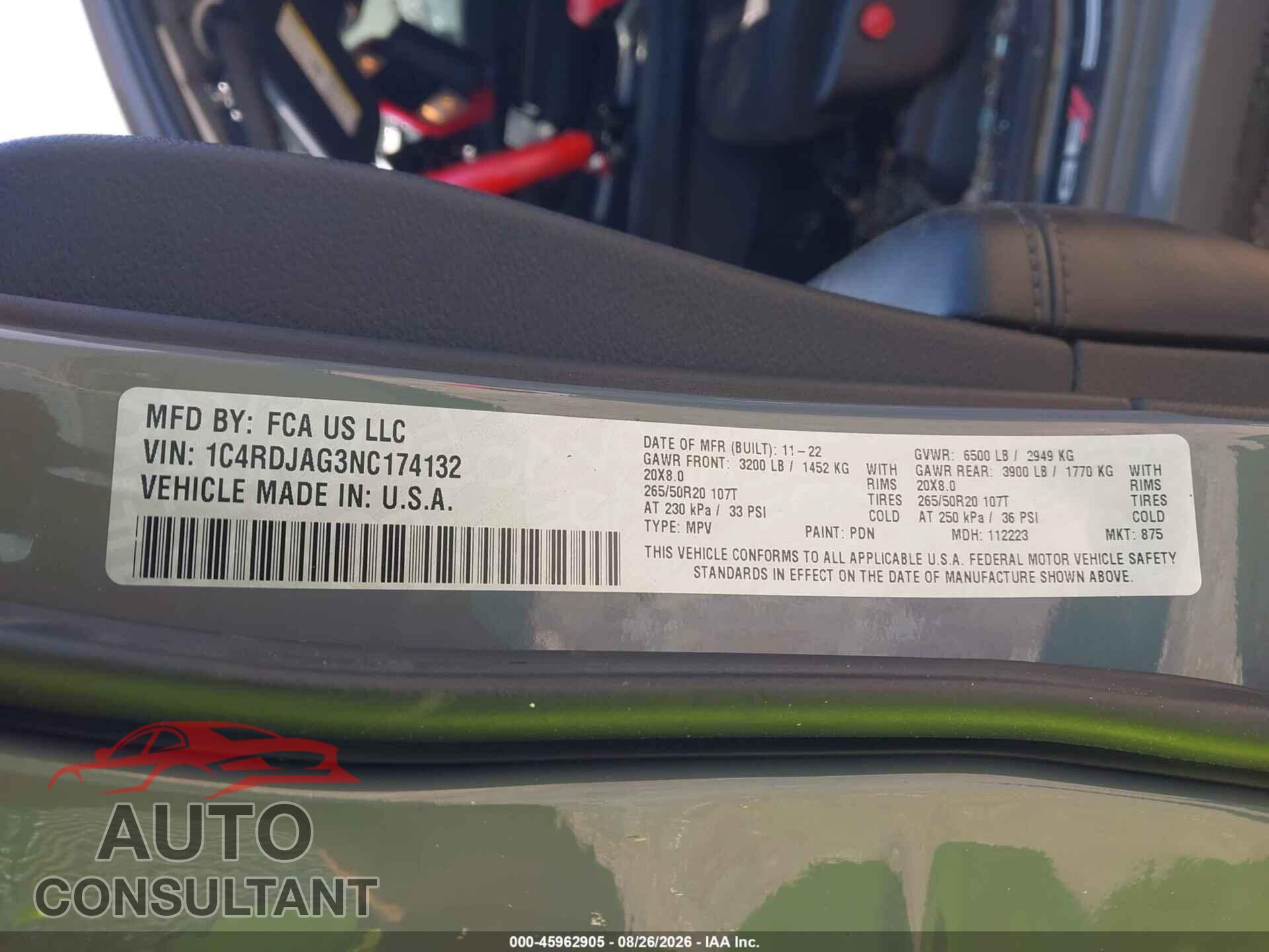 DODGE DURANGO 2022 - 1C4RDJAG3NC174132