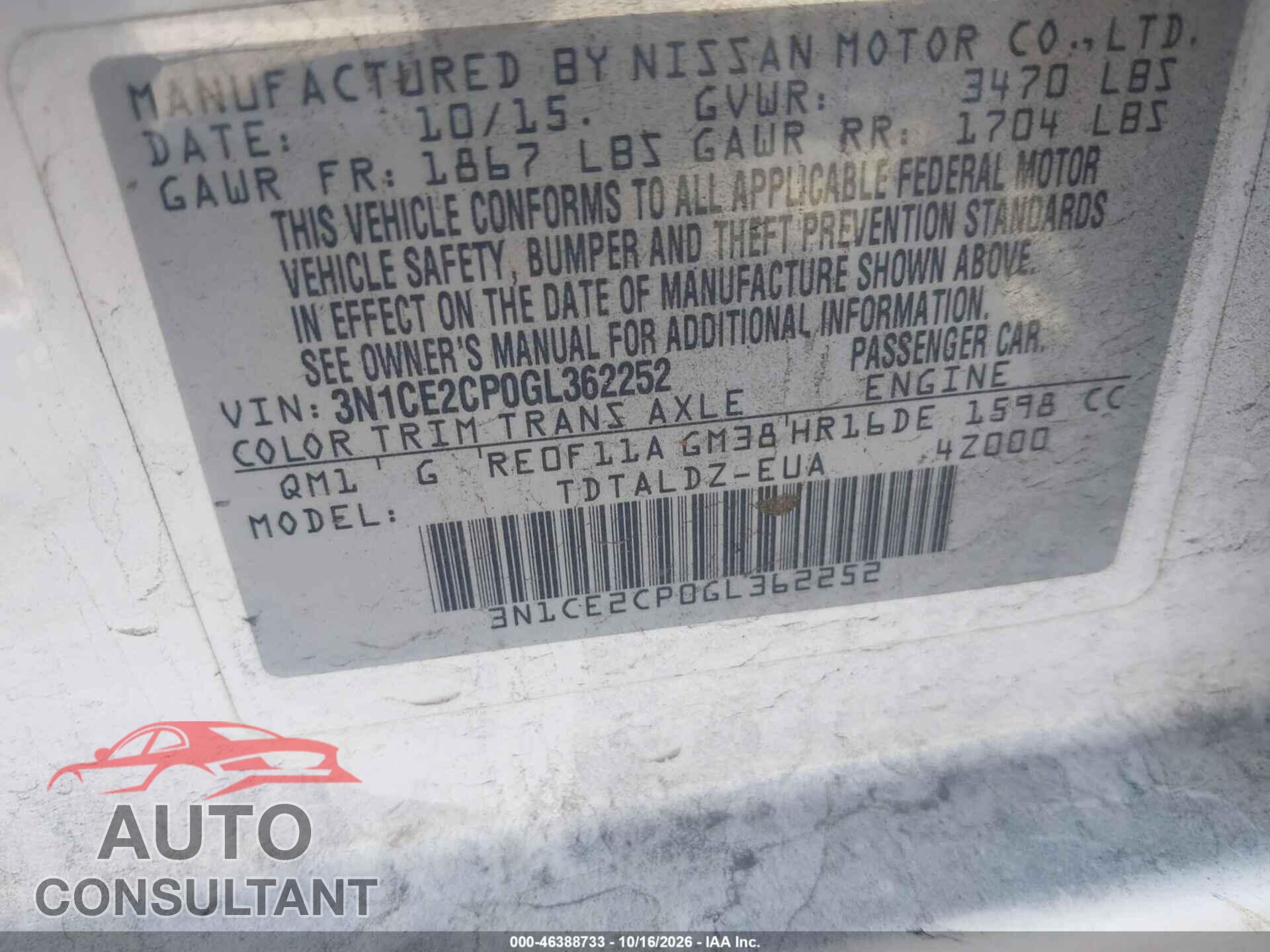 NISSAN VERSA NOTE 2016 - 3N1CE2CP0GL362252