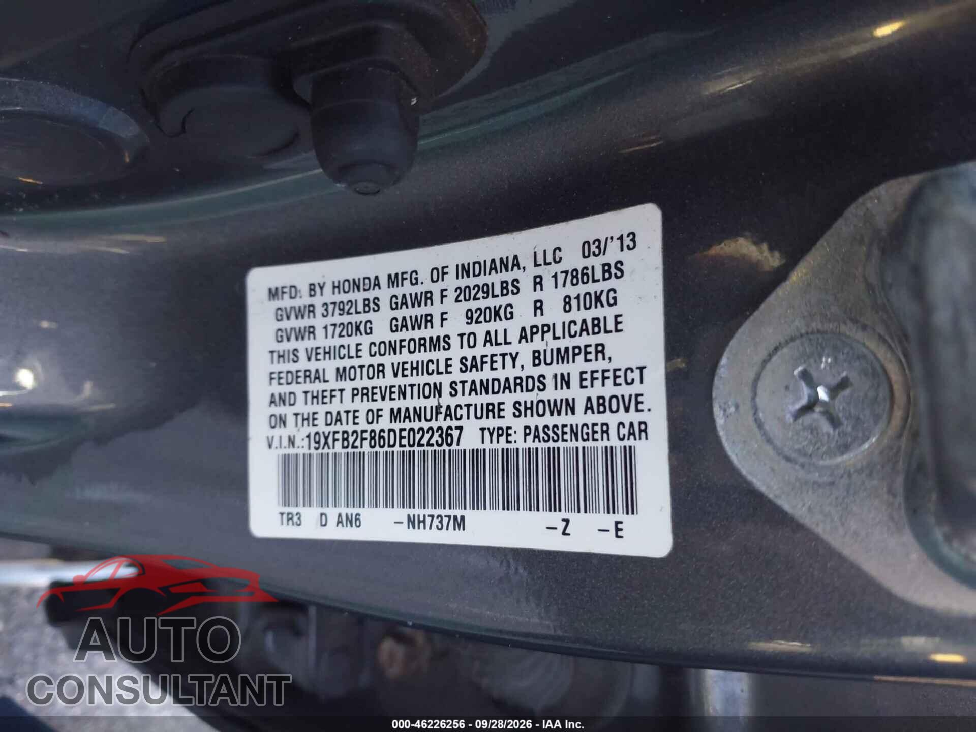 HONDA CIVIC 2013 - 19XFB2F86DE022367