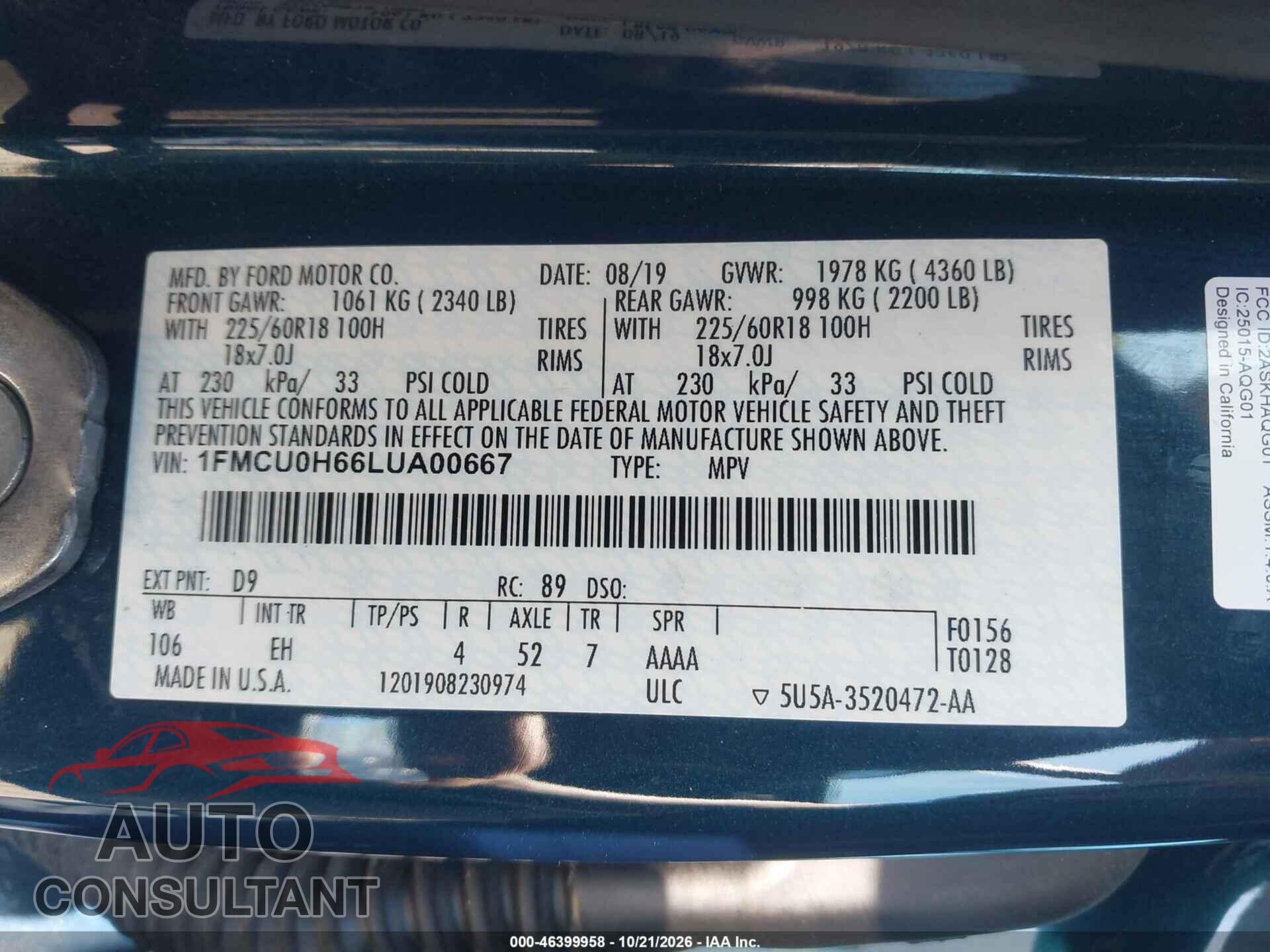 FORD ESCAPE 2020 - 1FMCU0H66LUA00667