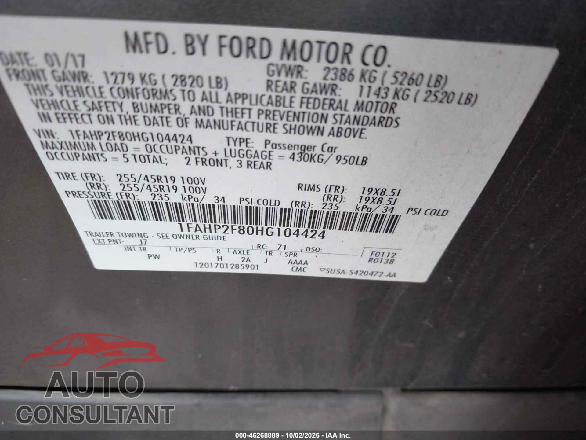 FORD TAURUS 2017 - 1FAHP2F80HG104424