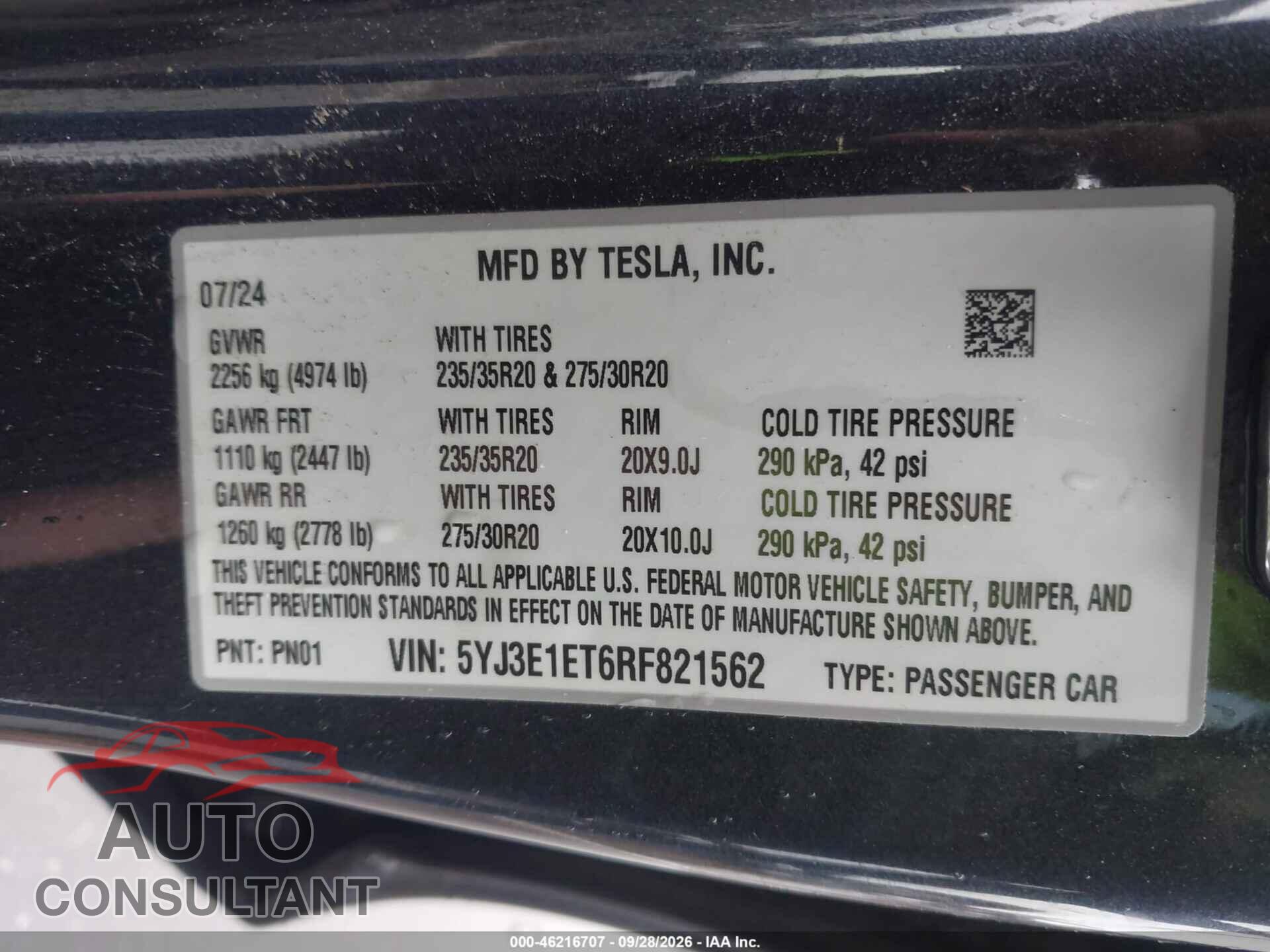 TESLA MODEL 3 2024 - 5YJ3E1ET6RF821562