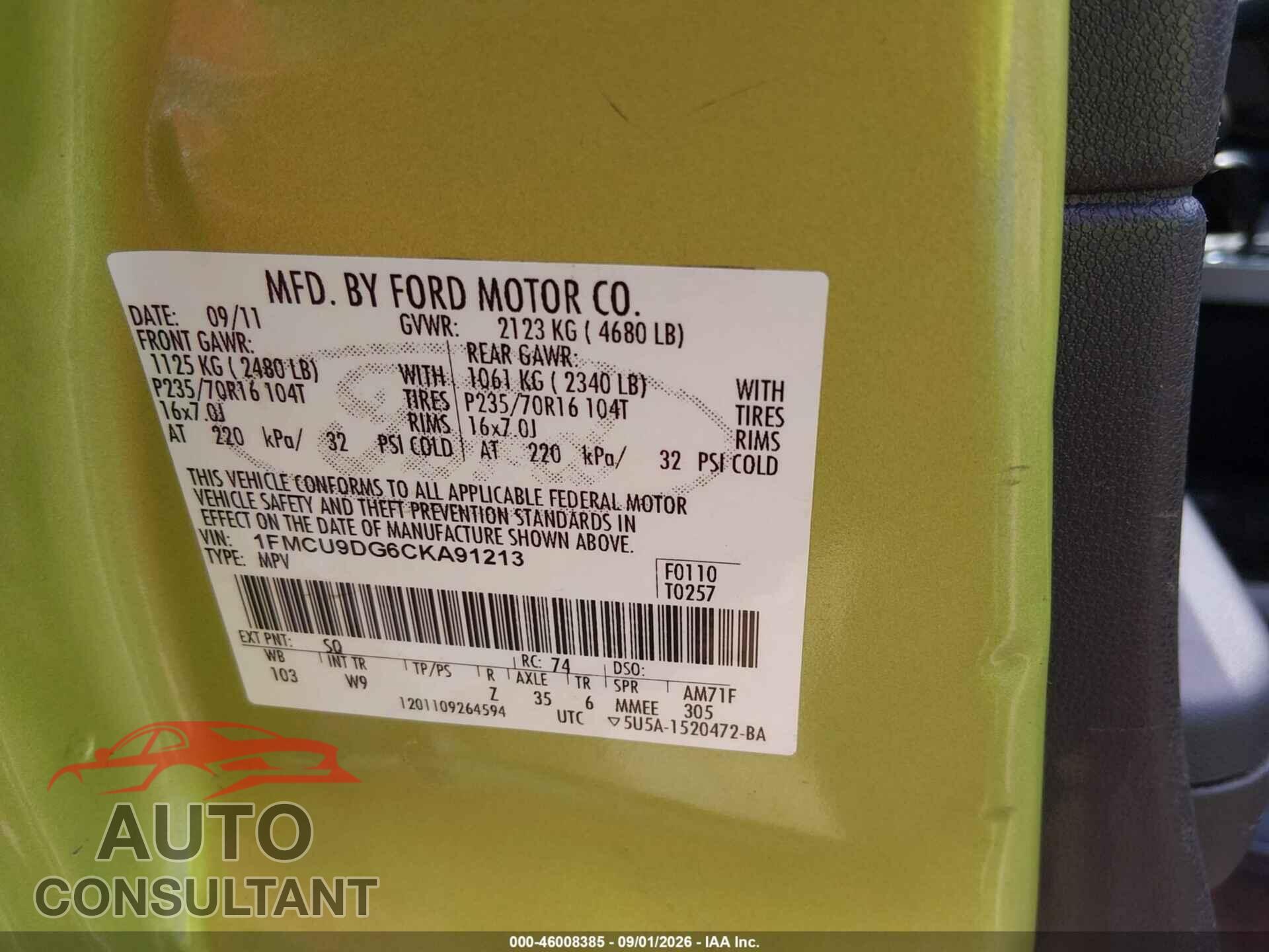 FORD ESCAPE 2012 - 1FMCU9DG6CKA91213