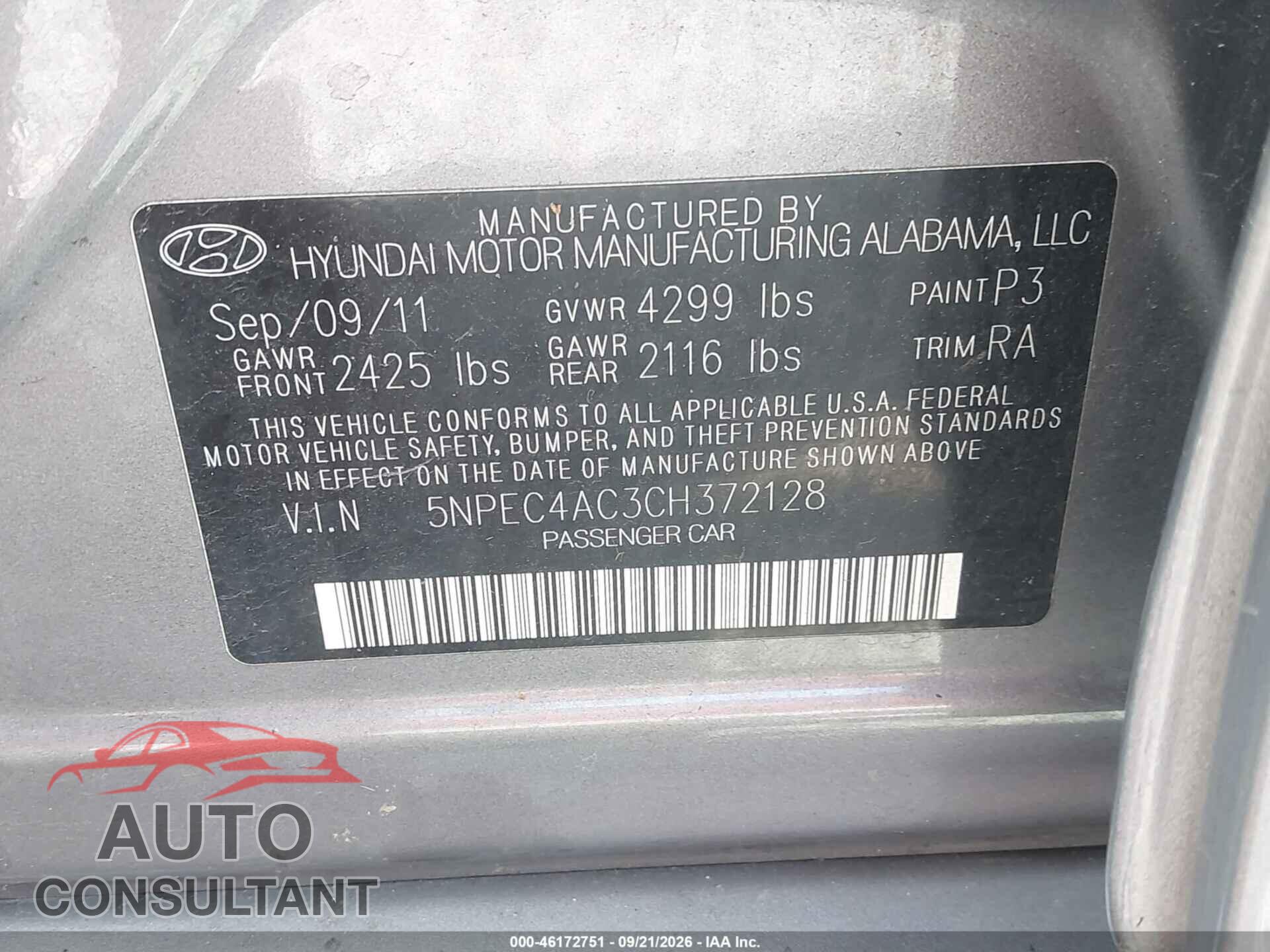 HYUNDAI SONATA 2012 - 5NPEC4AC3CH372128