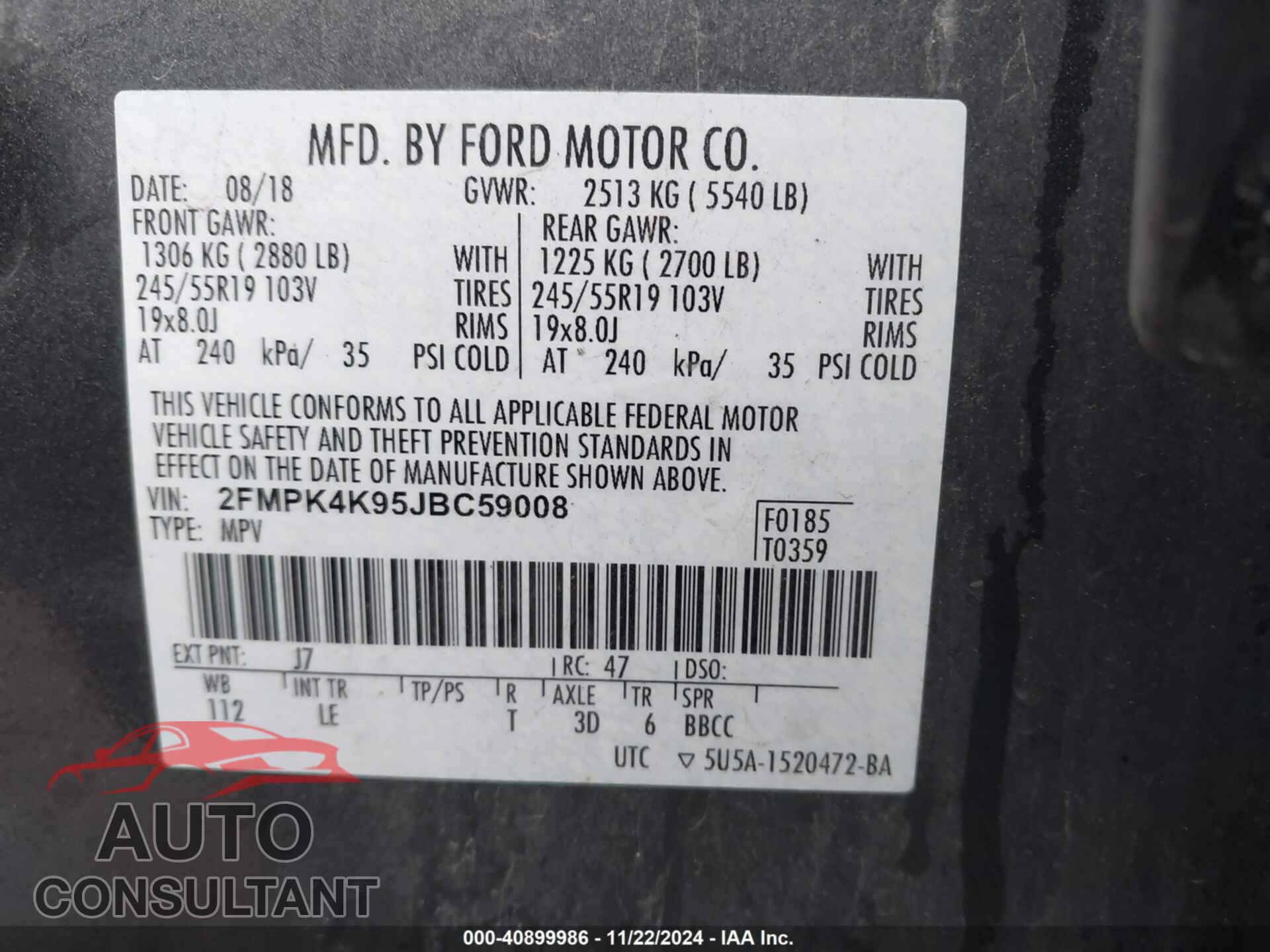 FORD EDGE 2018 - 2FMPK4K95JBC59008