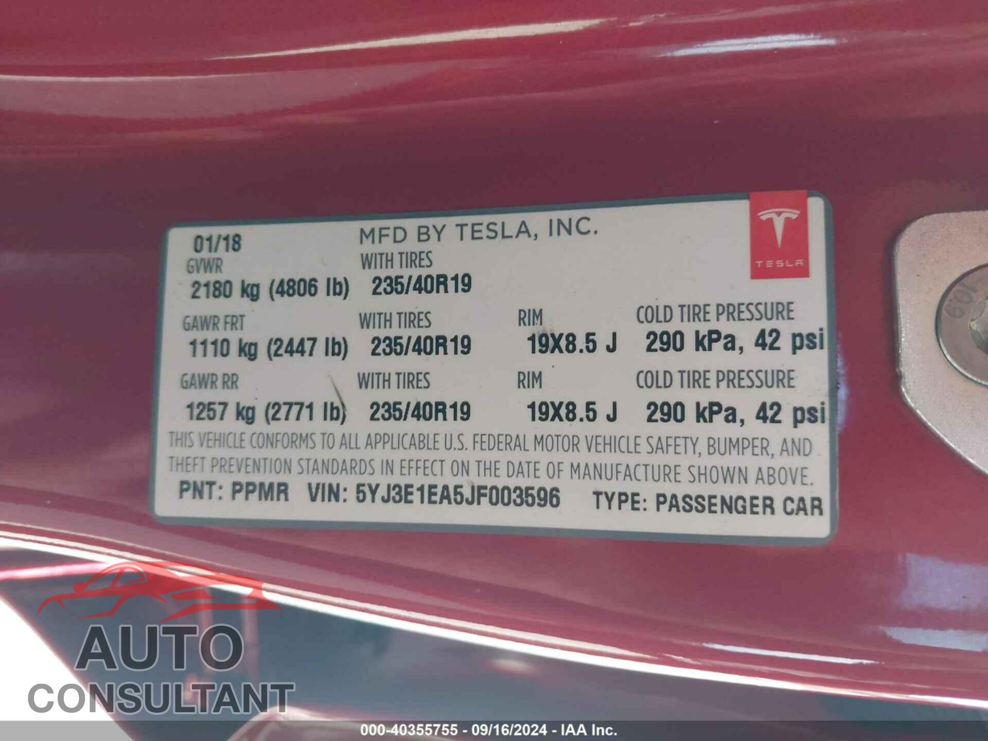 TESLA MODEL 3 2018 - 5YJ3E1EA5JF003596