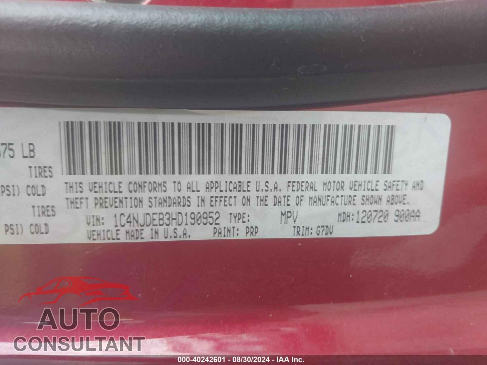 JEEP COMPASS 2017 - 1C4NJDEB3HD190952